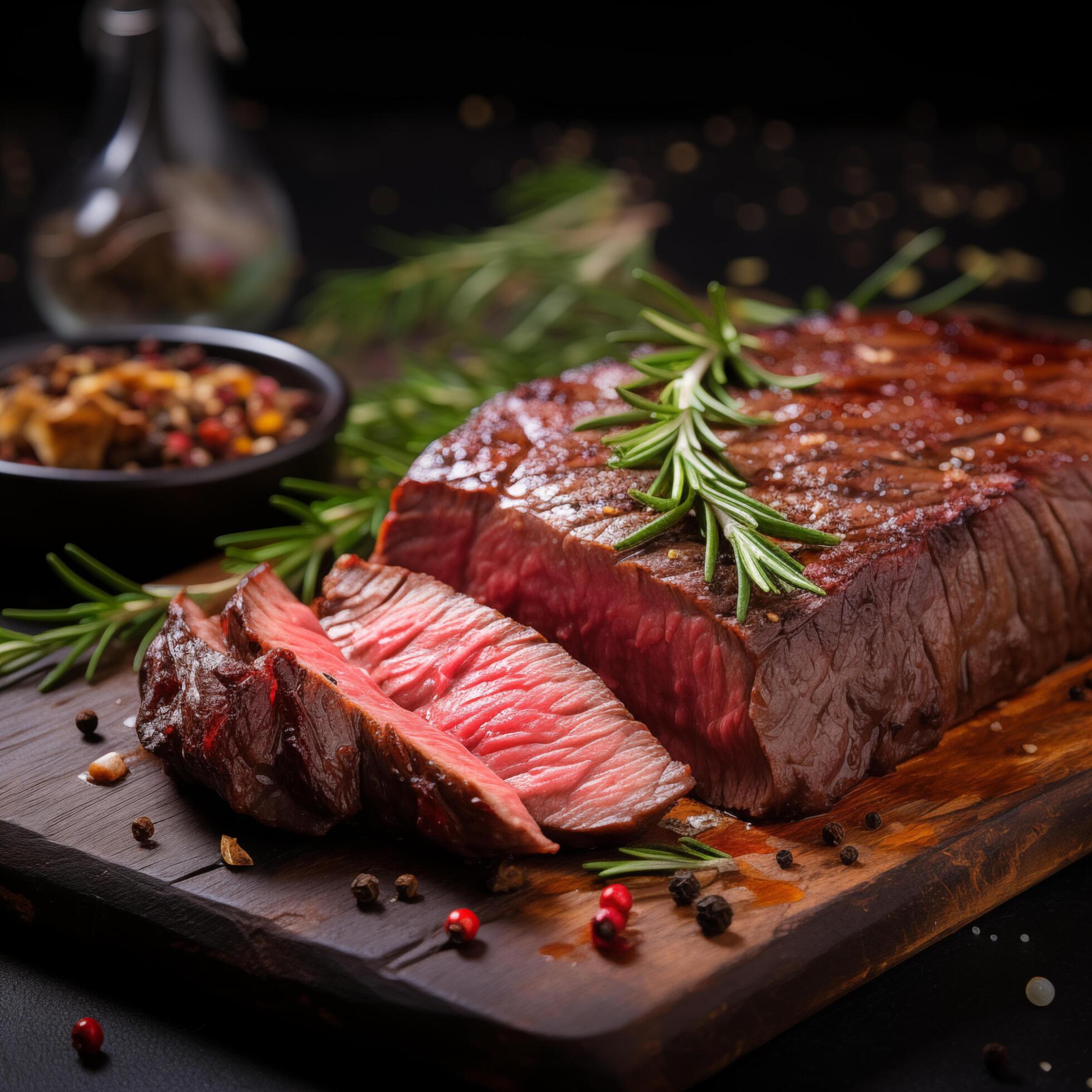 
									Piece of rump steak on cutting board dark background. Cured spiced and smoked Pastrami. Photo for restaurant menu, advertising, delivery, banner Stock Free