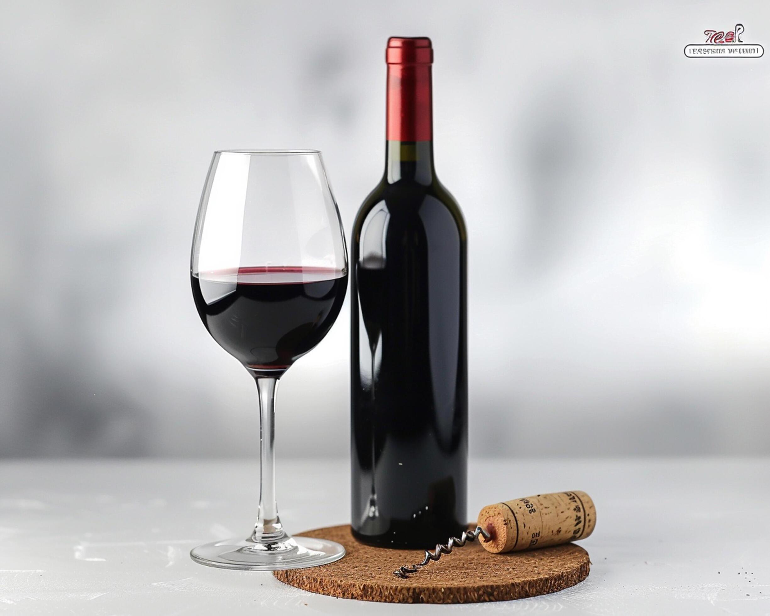 a bottle of red wine and a glass on a wooden coaster Stock Free