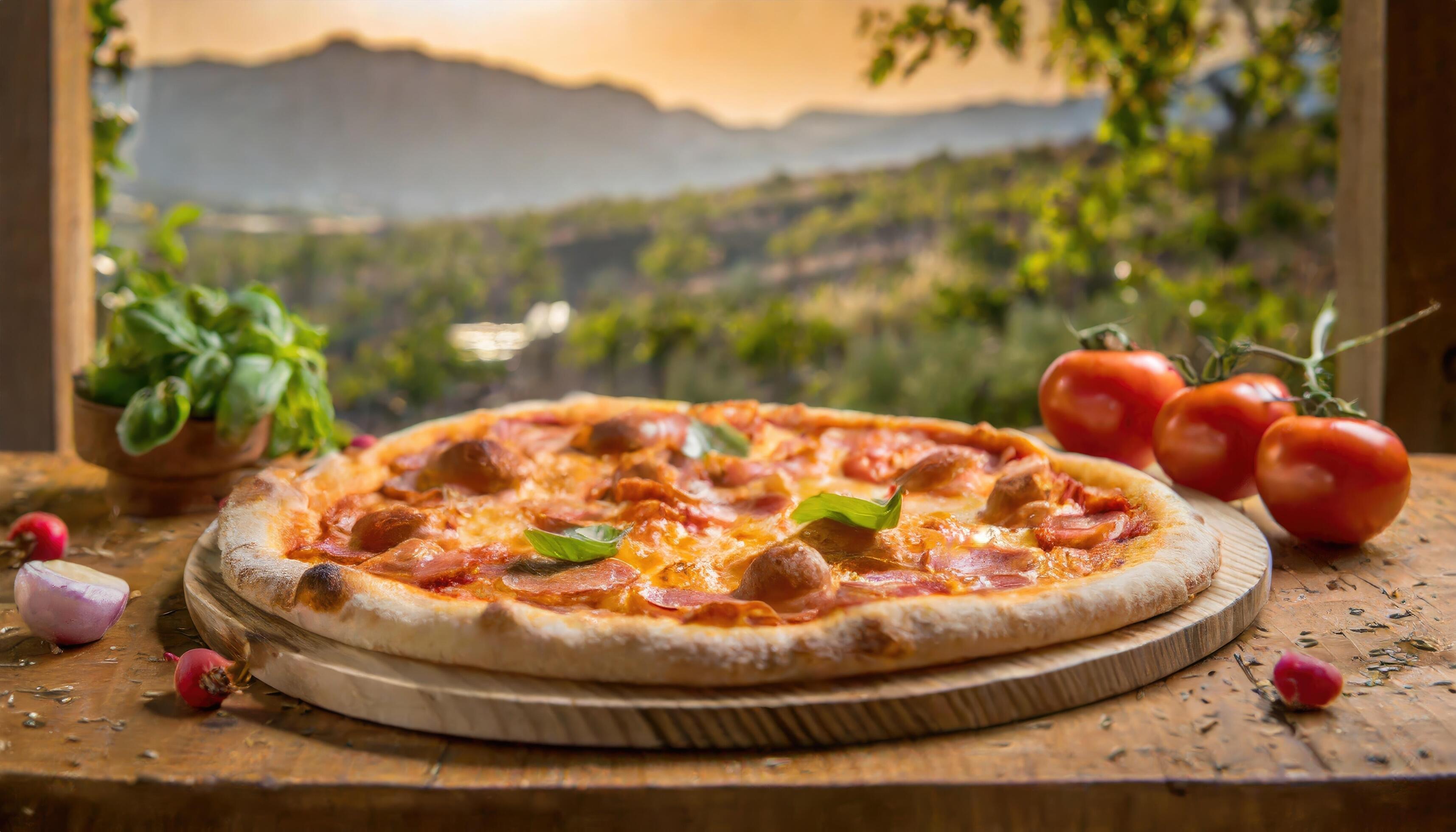 Copy Space image of Pizza Margherita on wooden background, landscape view background. Stock Free