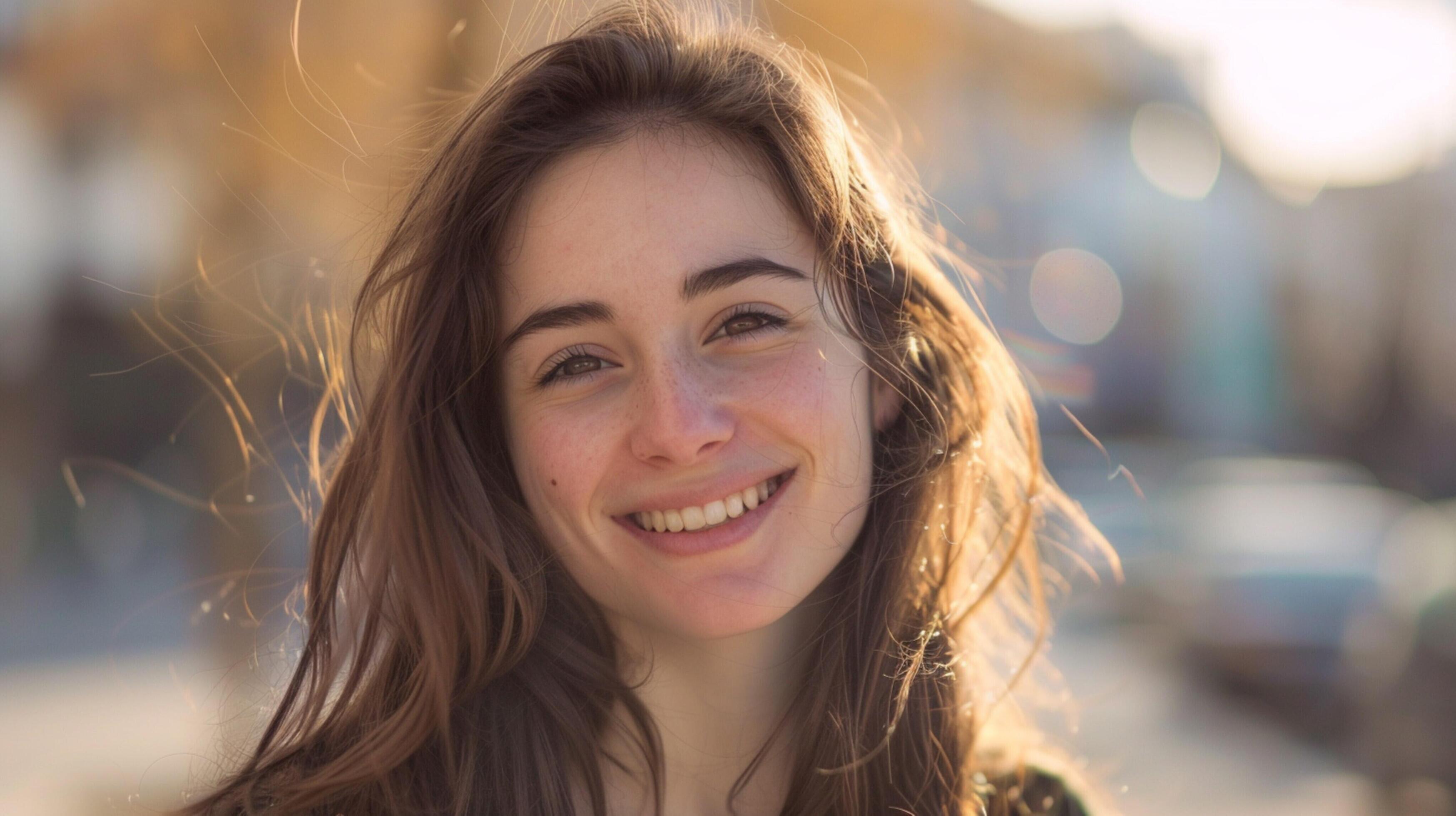 young woman with long brown hair smiling Stock Free