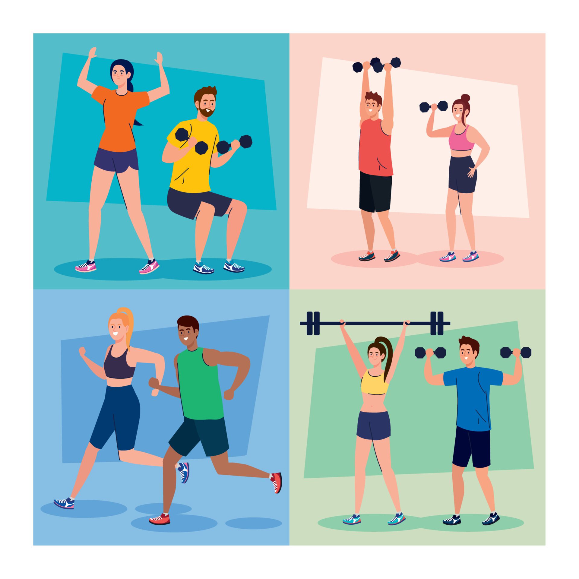 set scenes people practicing exercises outdoor, sport recreation concept Free Vector