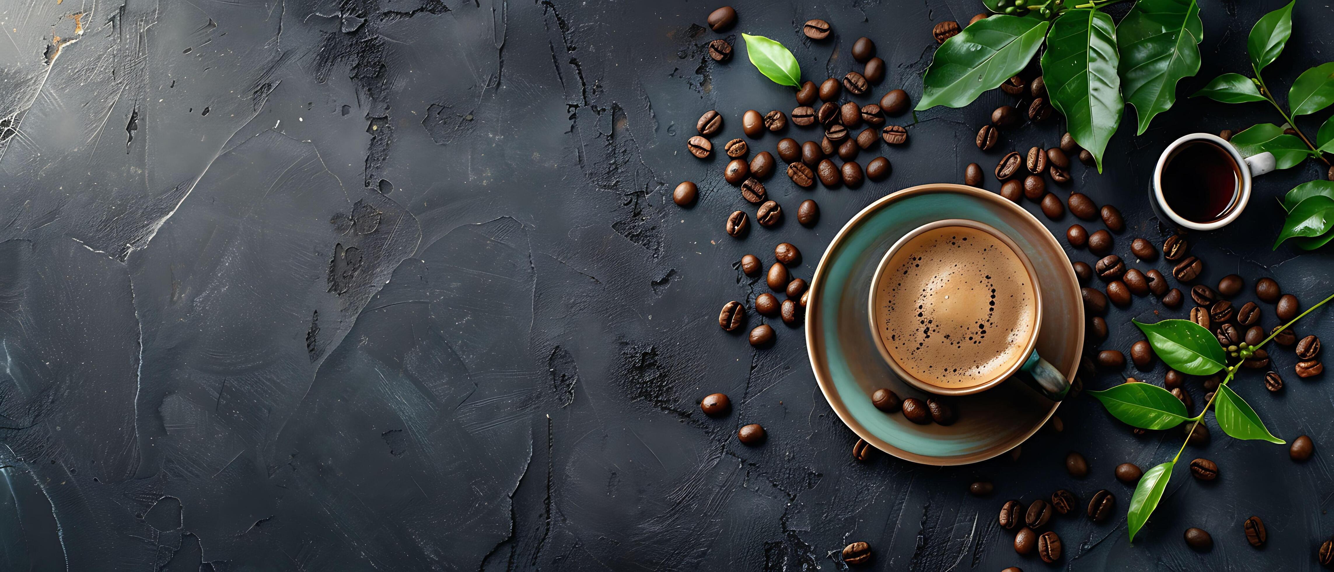 Rustic Charm – Vintage Coffee Cup and Beans on Dark Stone Background with Copy Space Stock Free