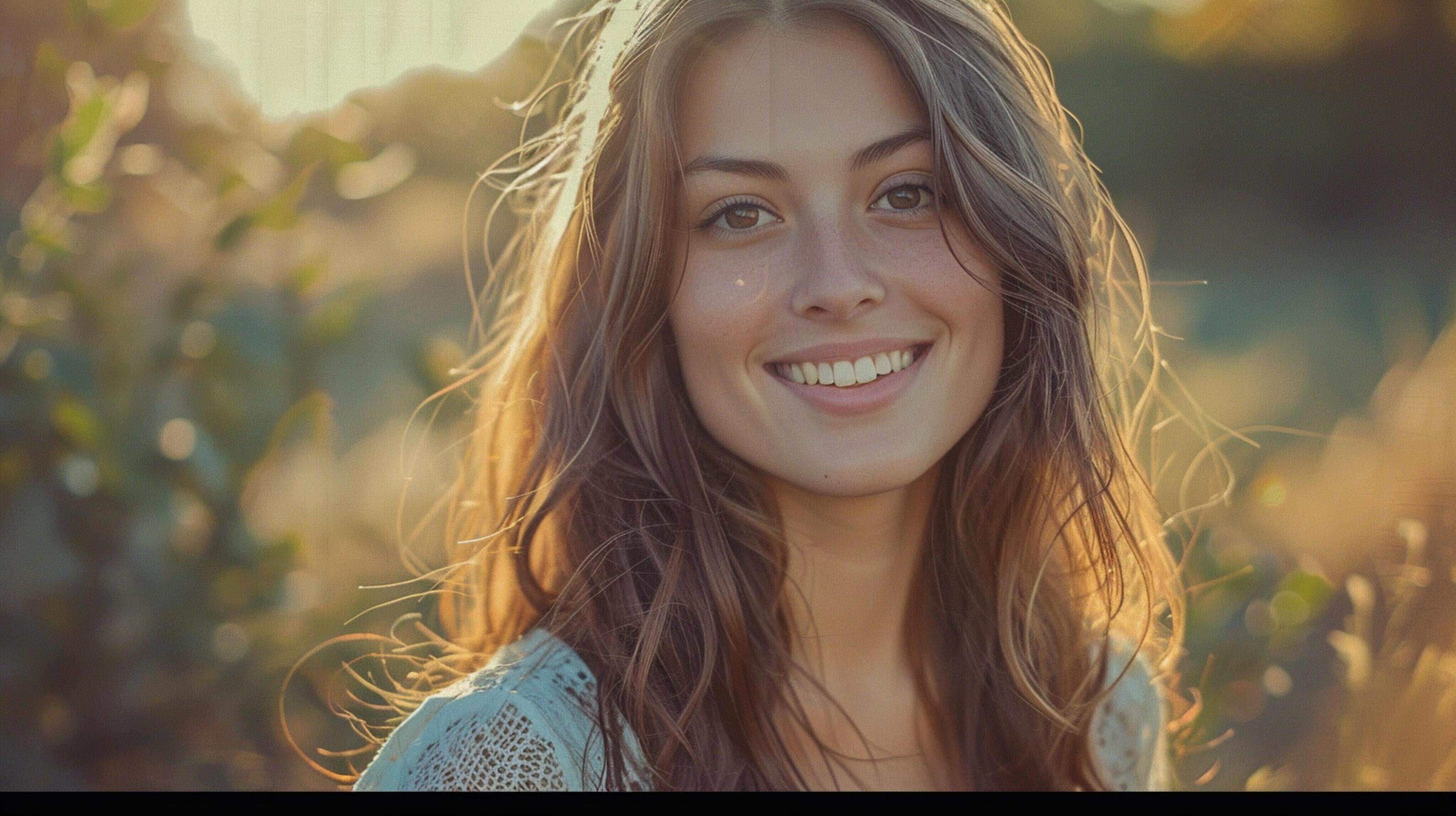 young woman with long brown hair smiling Stock Free