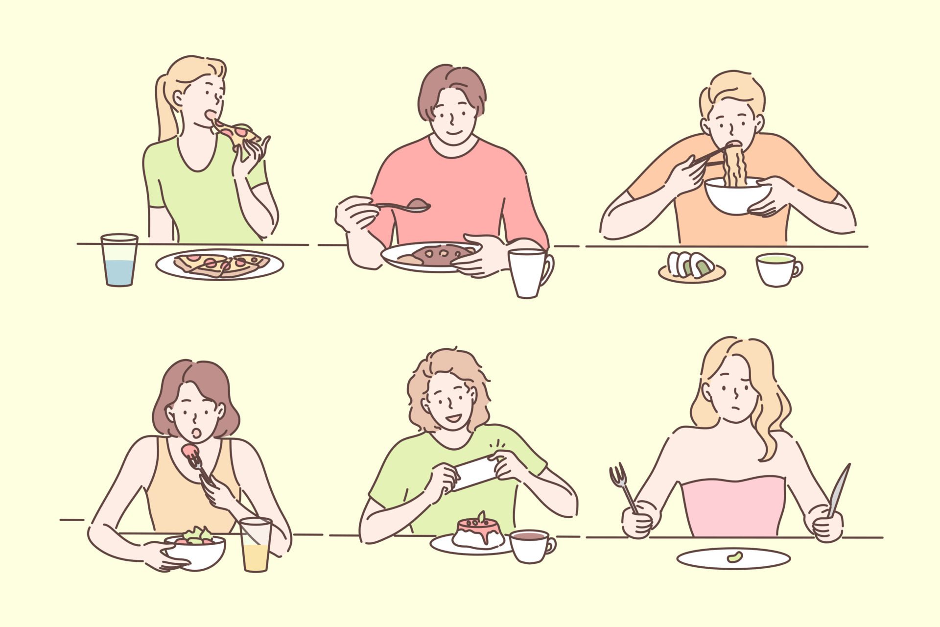 People eating different food set concept Free Vector