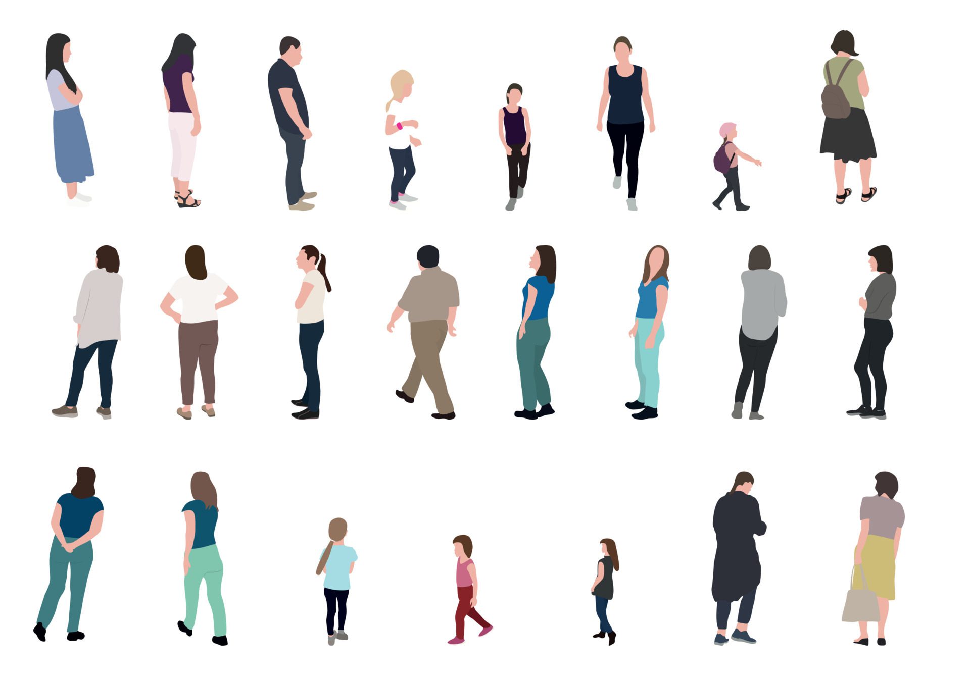 Set of Silhouette Walking People and Children. Vector Illustration. Free Vector