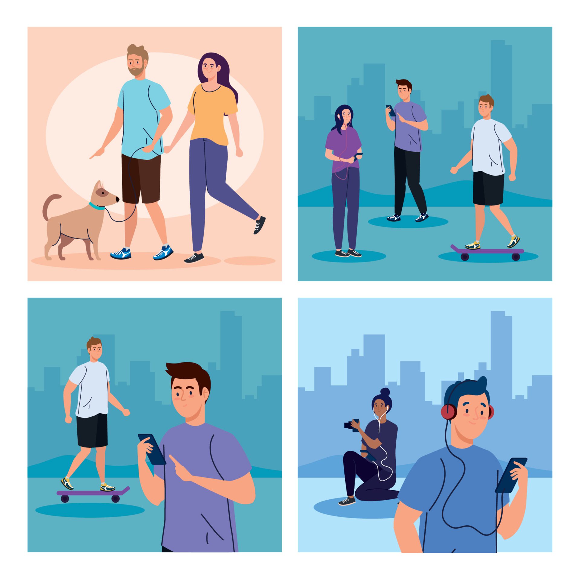 set scenes, young people performing leisure outdoor activities Free Vector