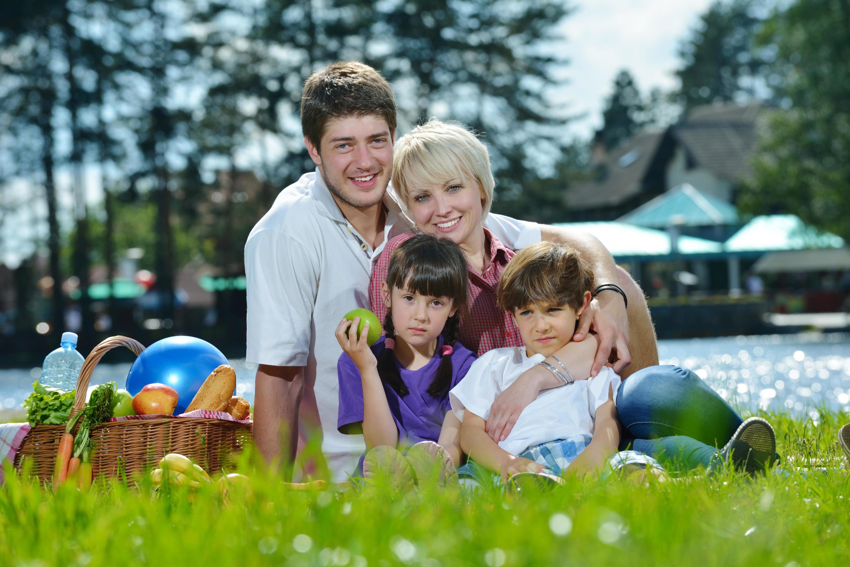 Happy family playing together in a picnic outdoors Stock Free