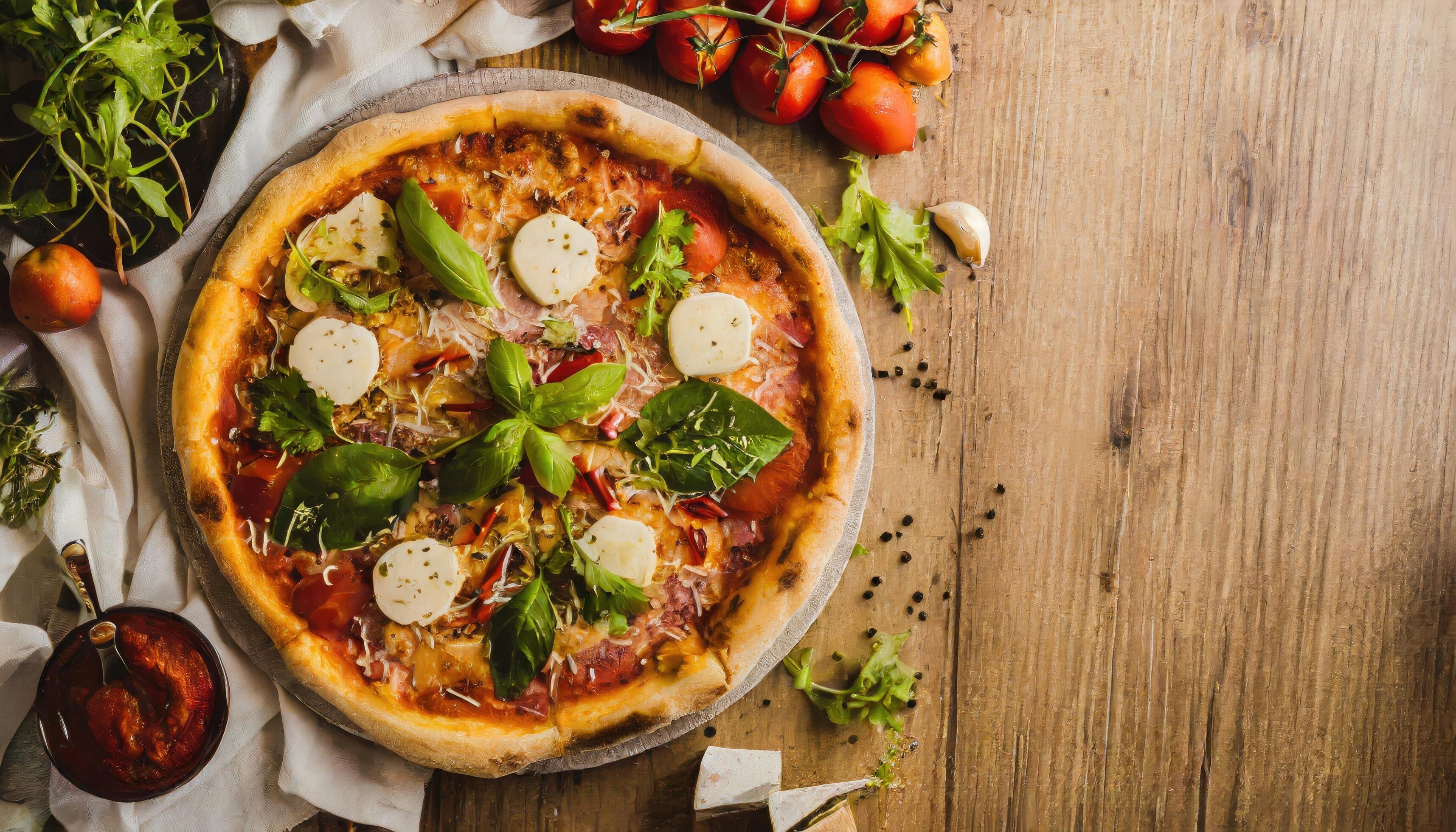 Copy Space image of Pizza Margherita on wooden background, Pizza Margarita with Tomatoes, Stock Free