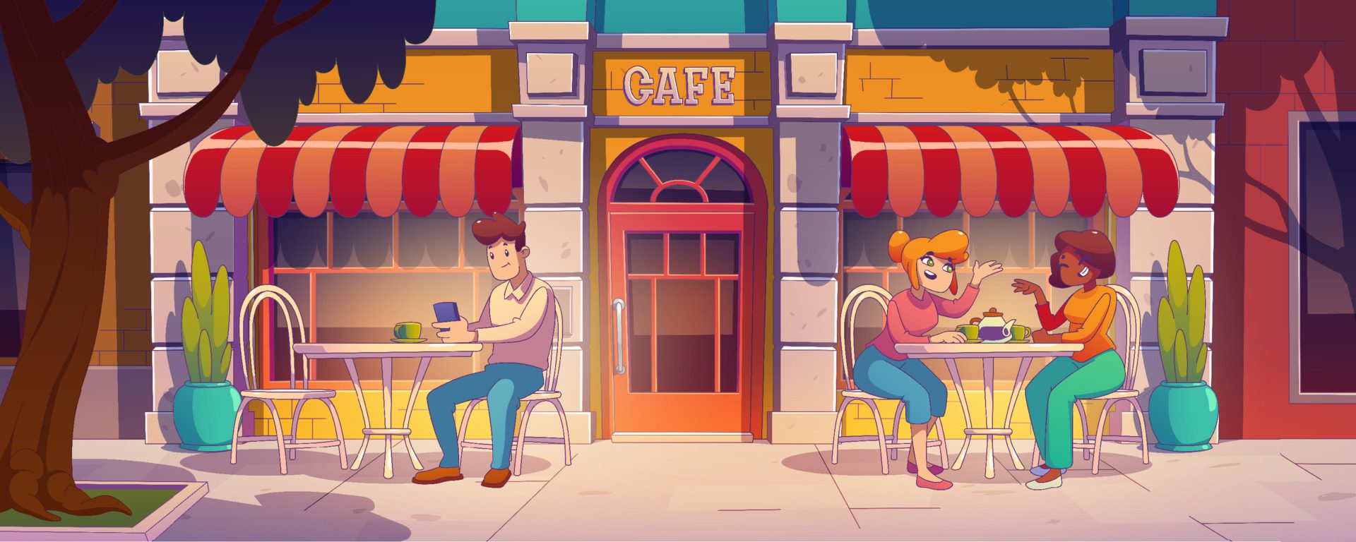 Happy people sitting in outdoor cafe Free Vector