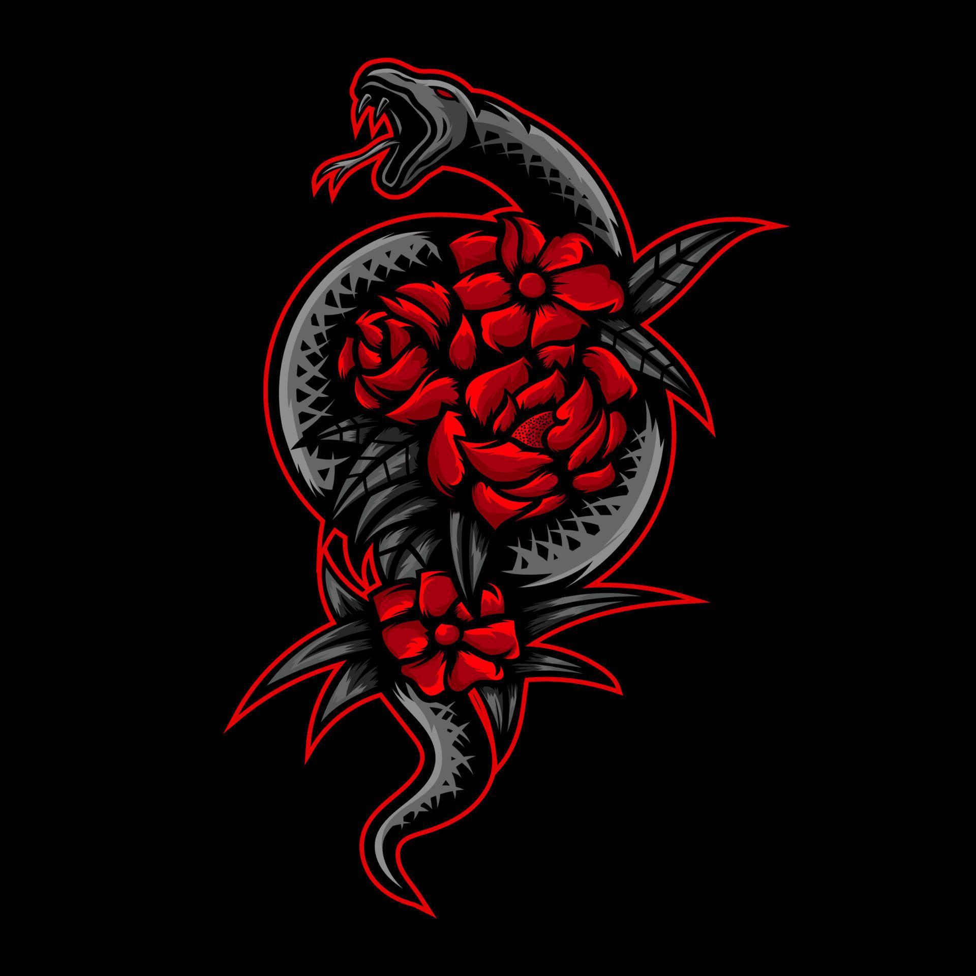 Black Snake and Red Flower Illustration Stock Free