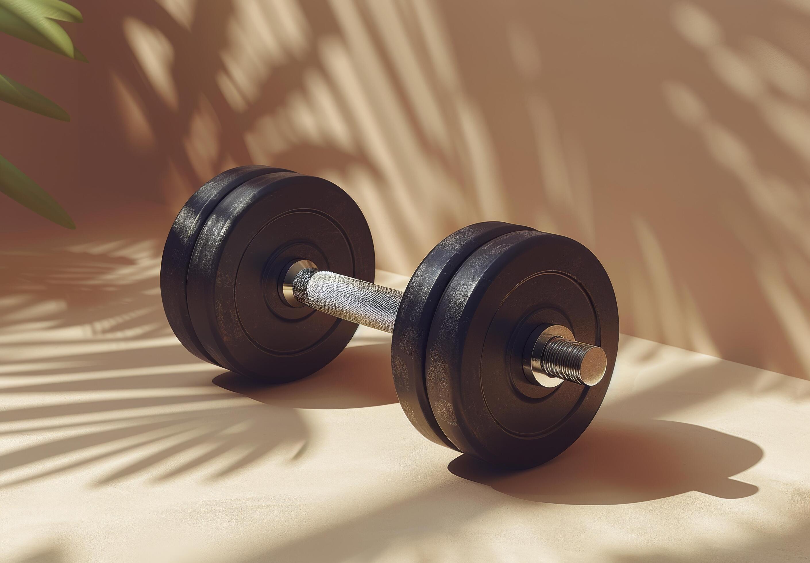 Black Dumbbell Under Palm Tree Shadows on Beige Surface Stock Free