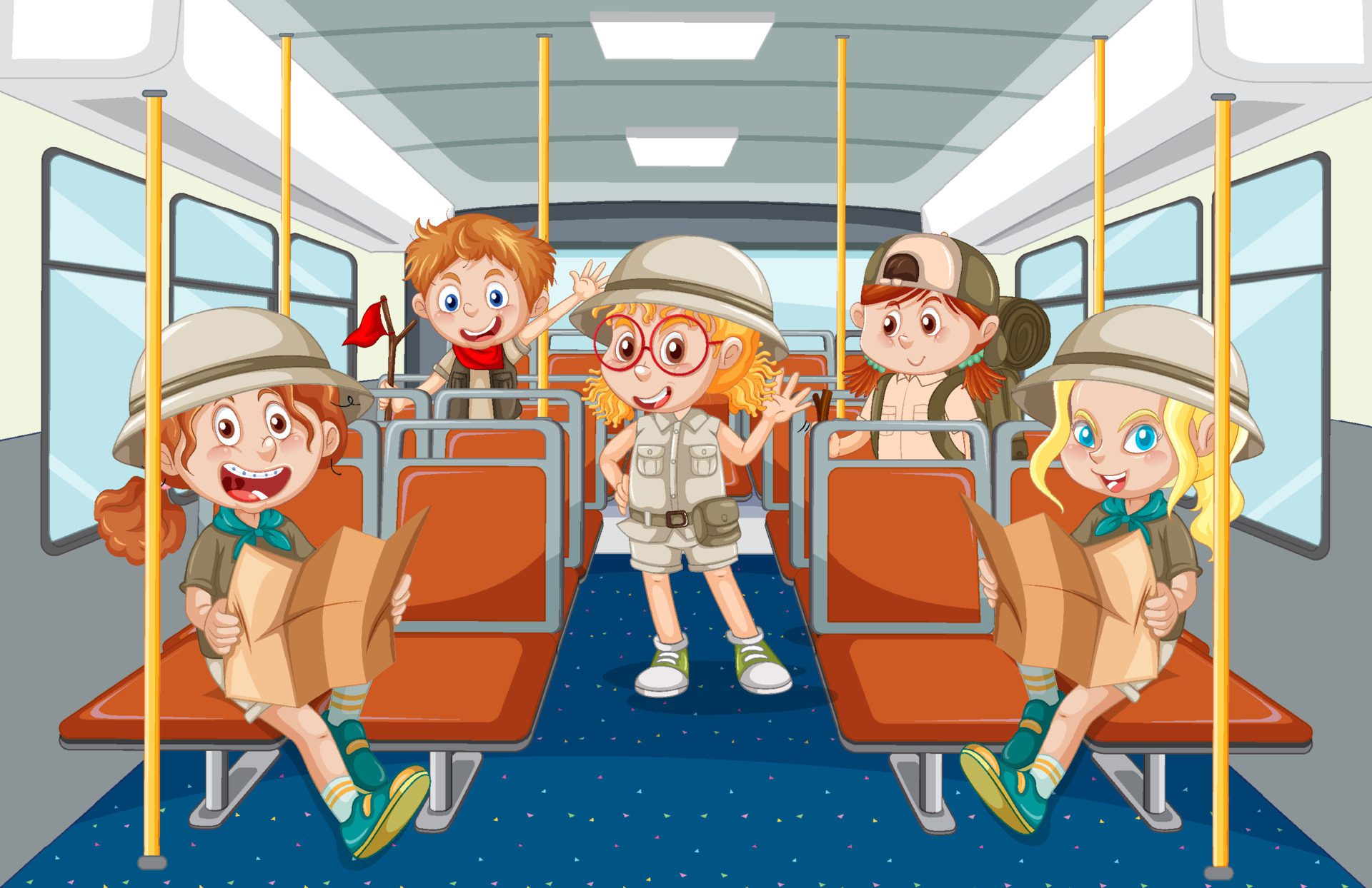 Inside bus with people cartoon Free Vector