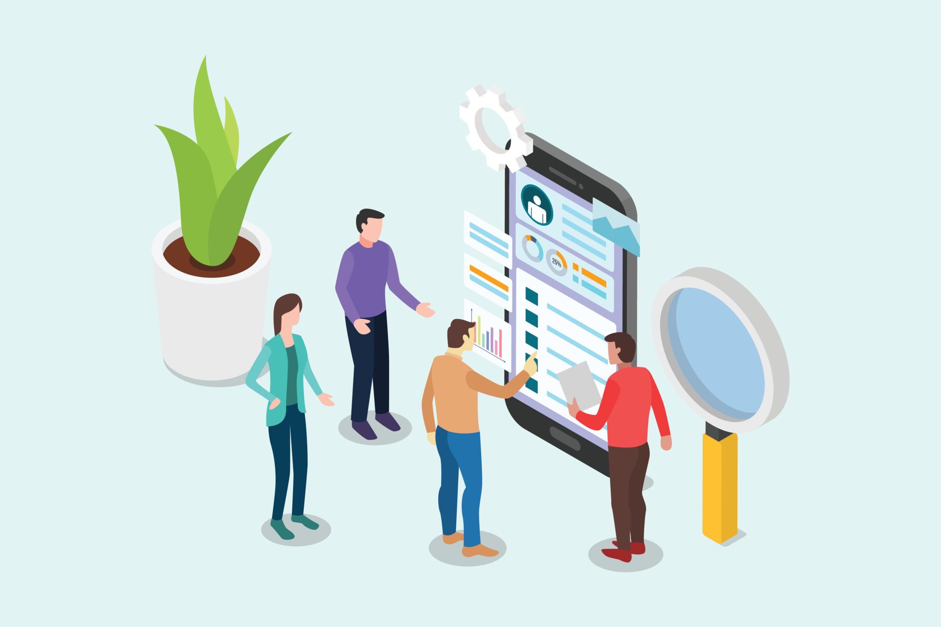 isometric ui and ux designer concept with team people working Free Vector