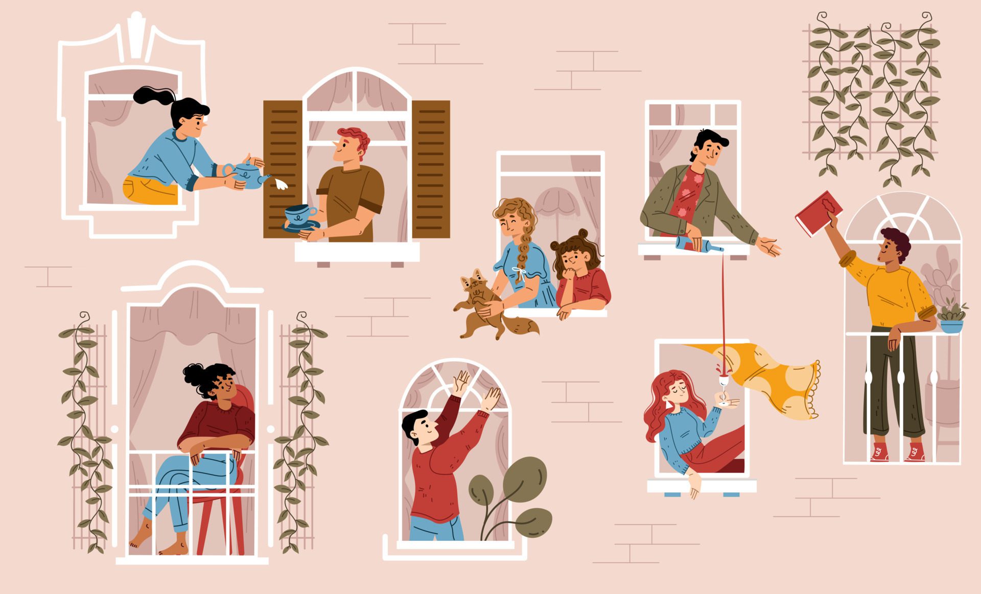 Neighbors communication friendly people in windows Free Vector