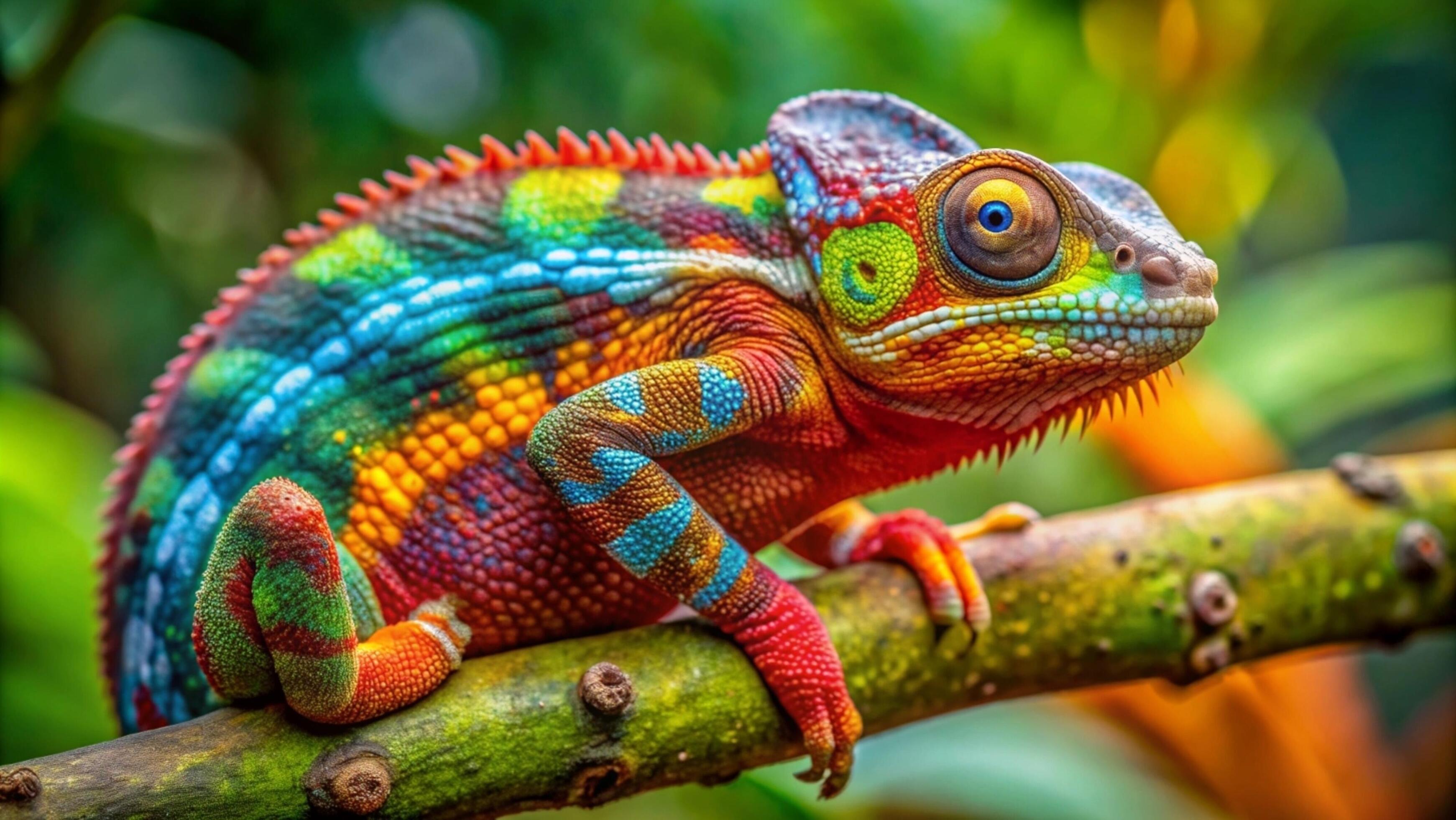 A vibrant chameleon camouflaging against a lush green forest background. Stock Free