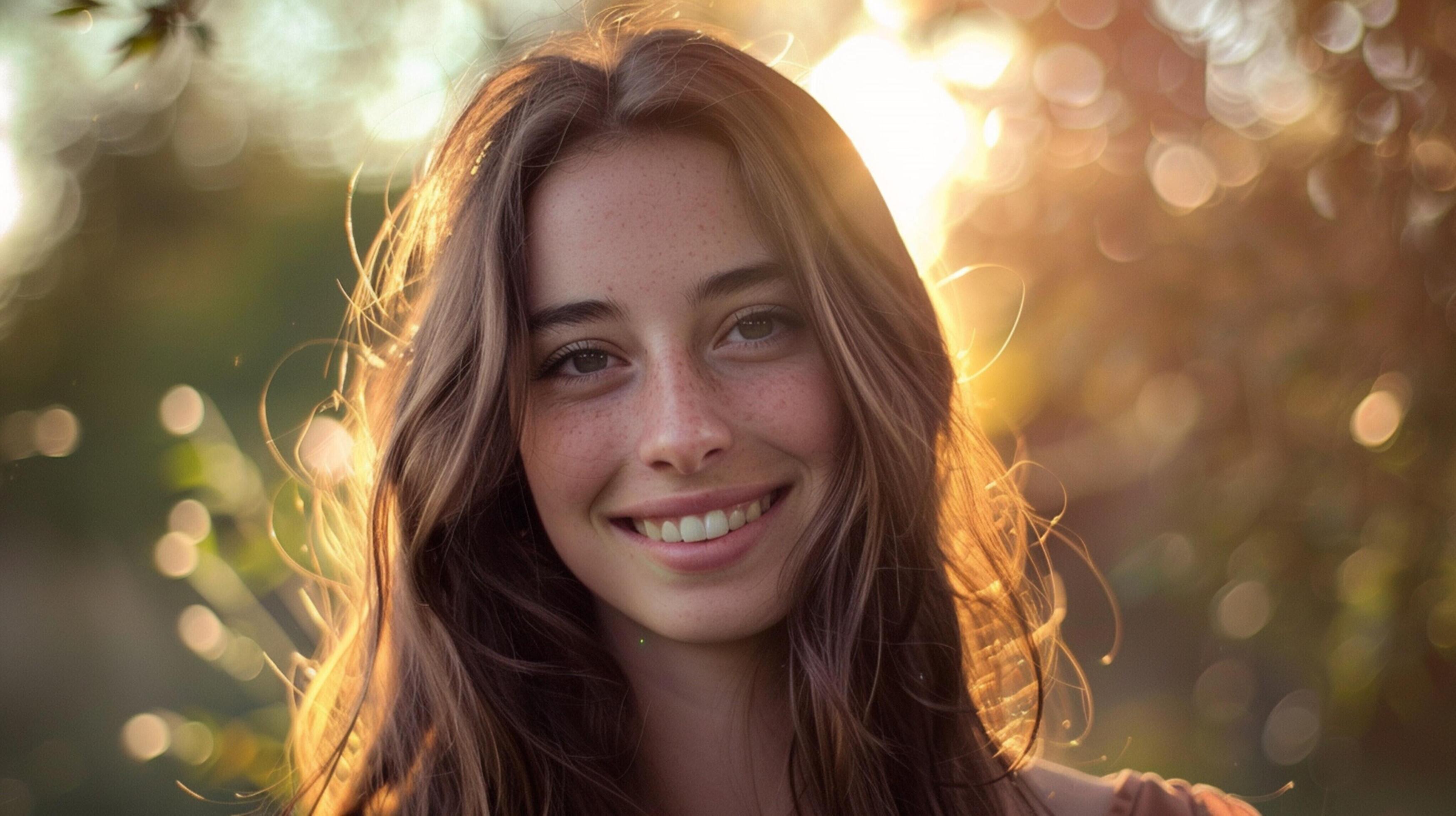 young woman with long brown hair smiling Stock Free