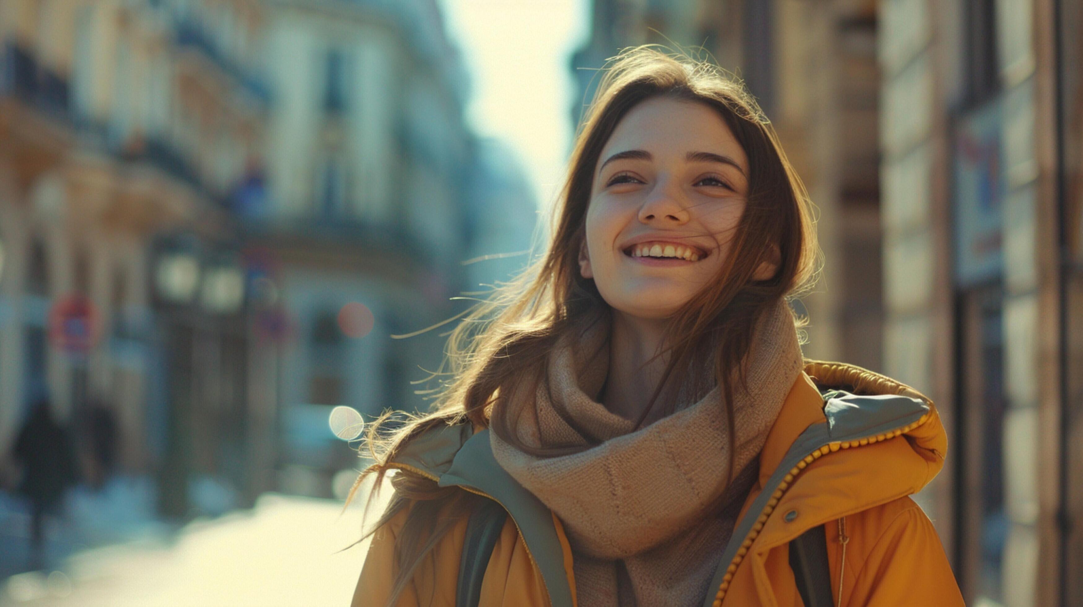 young woman in casual clothing walking Stock Free