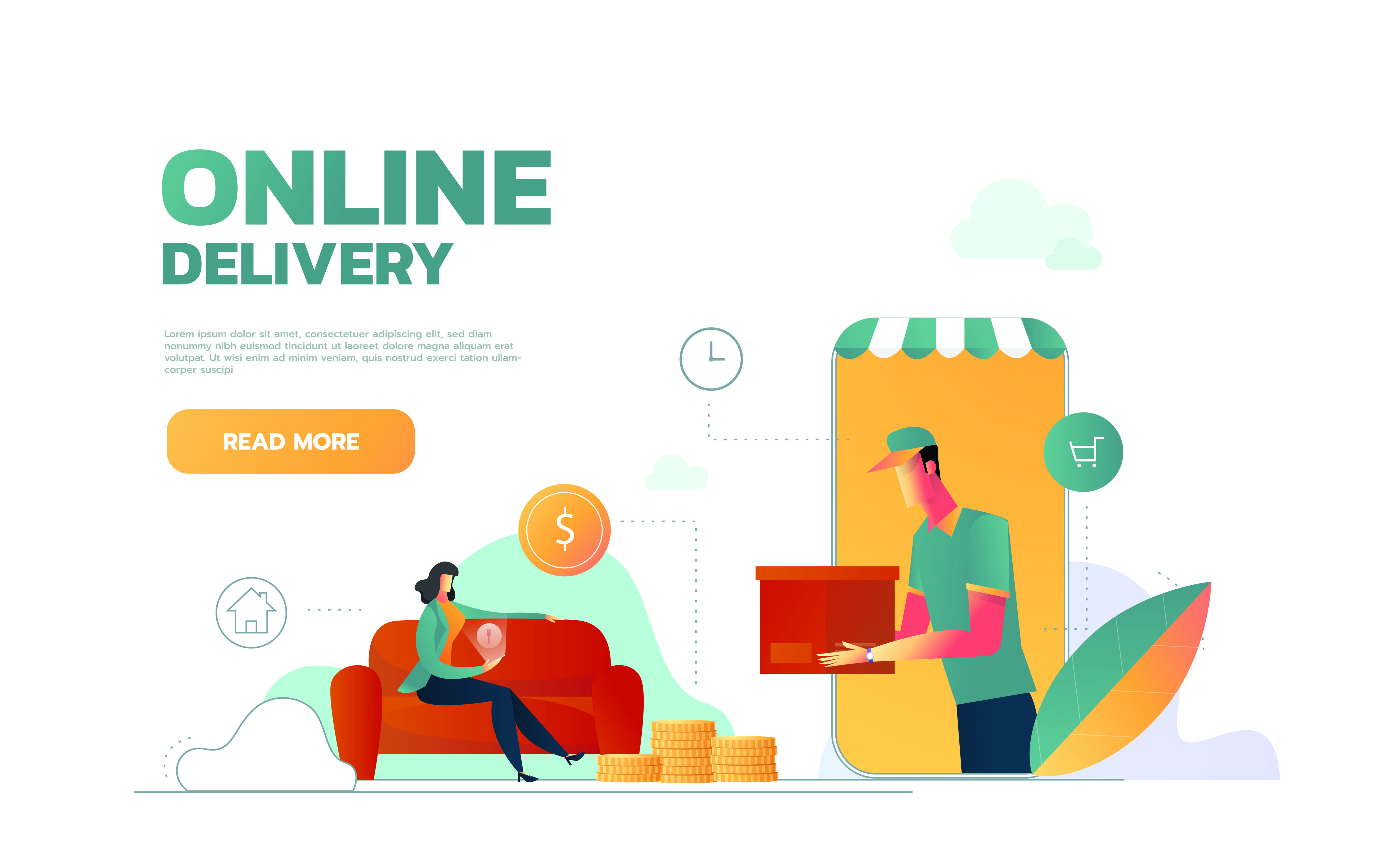 Isometric flat vector landing page template of express delivery service, courier service, goods shipping, food online ordering. Vector illustration. Free Vector