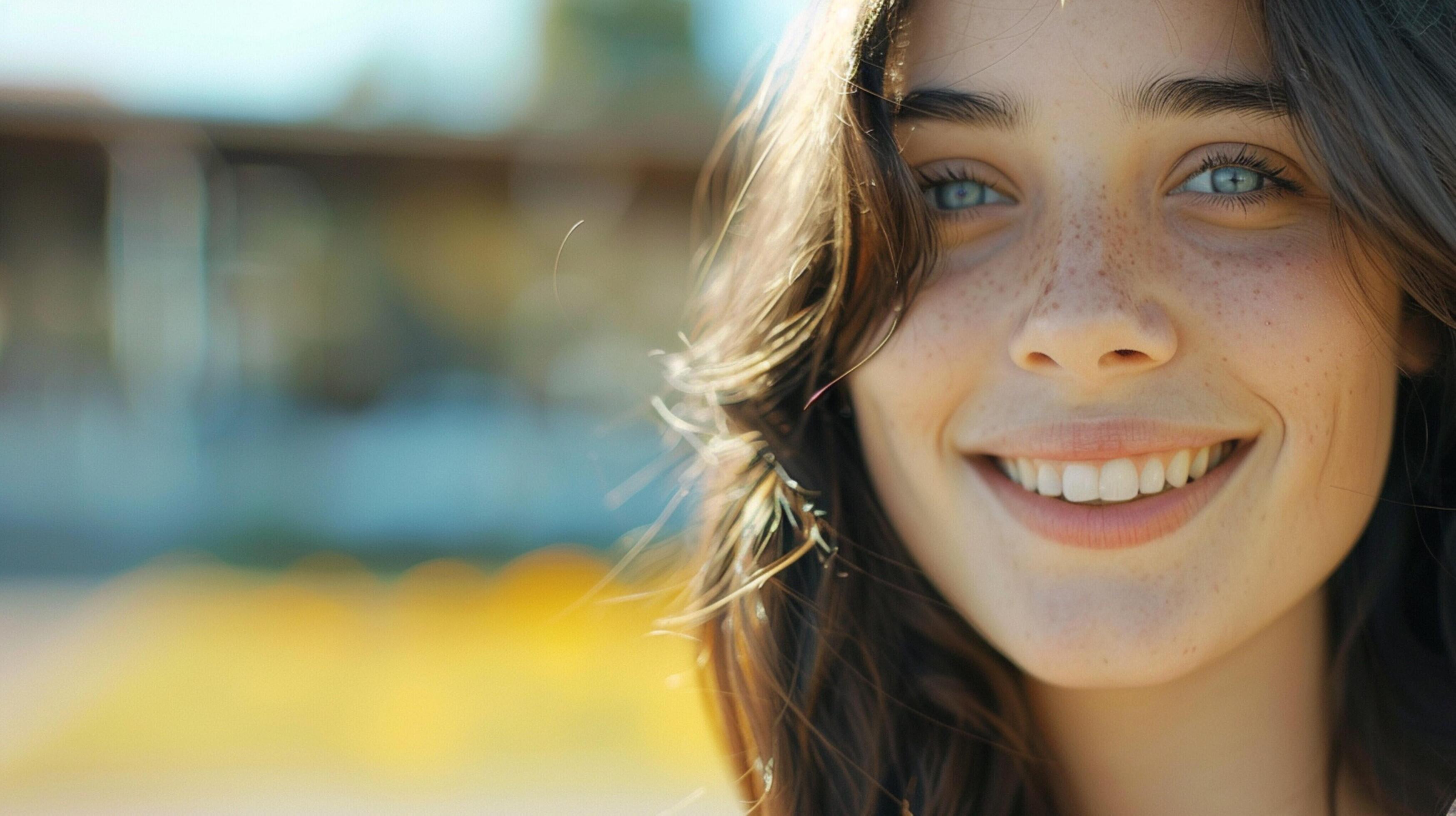 young woman with long brown hair smiling Stock Free