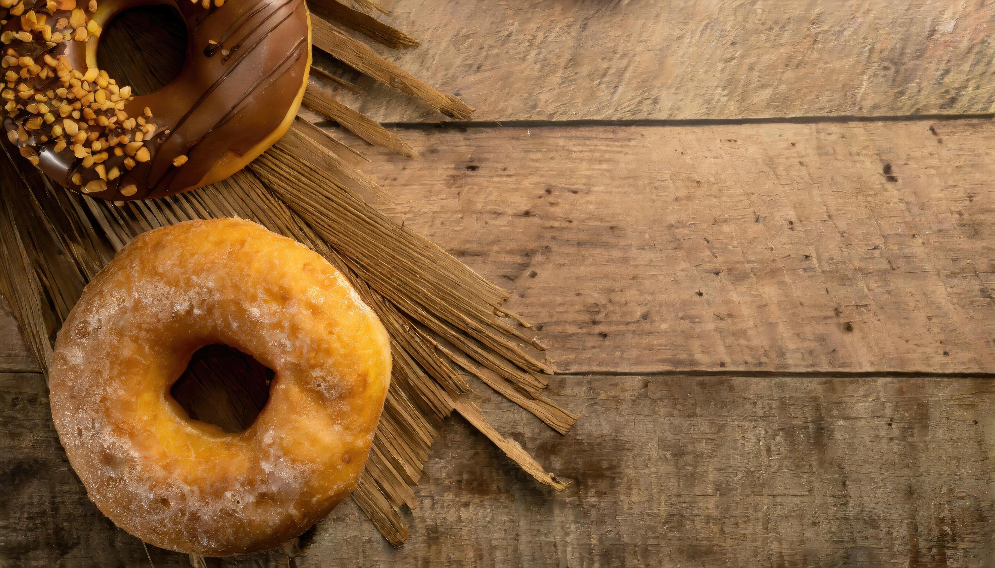 Copy Space image of Donuts with powdered sugar on wooden table on black background Stock Free