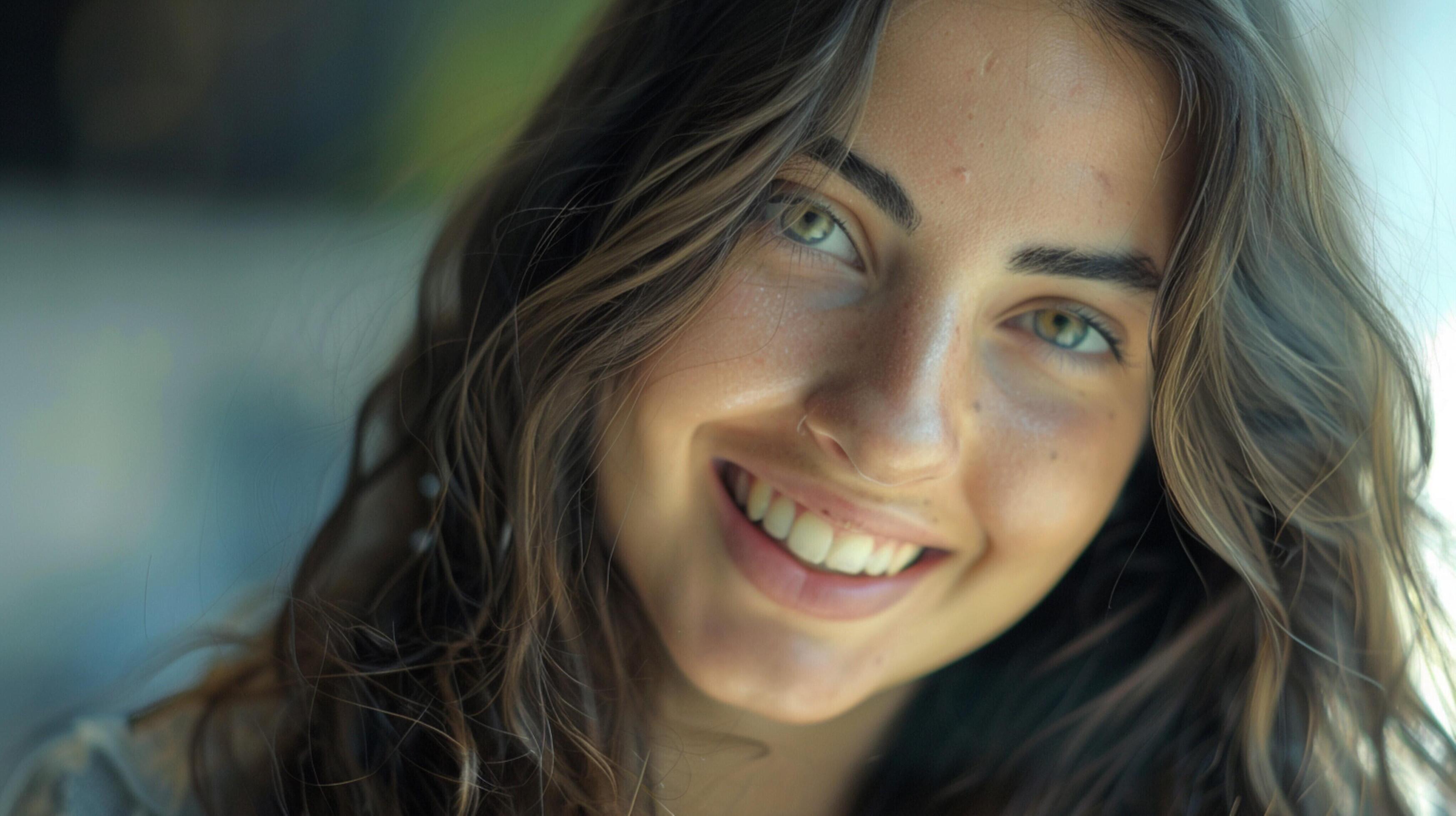 young woman with long brown hair smiling Stock Free