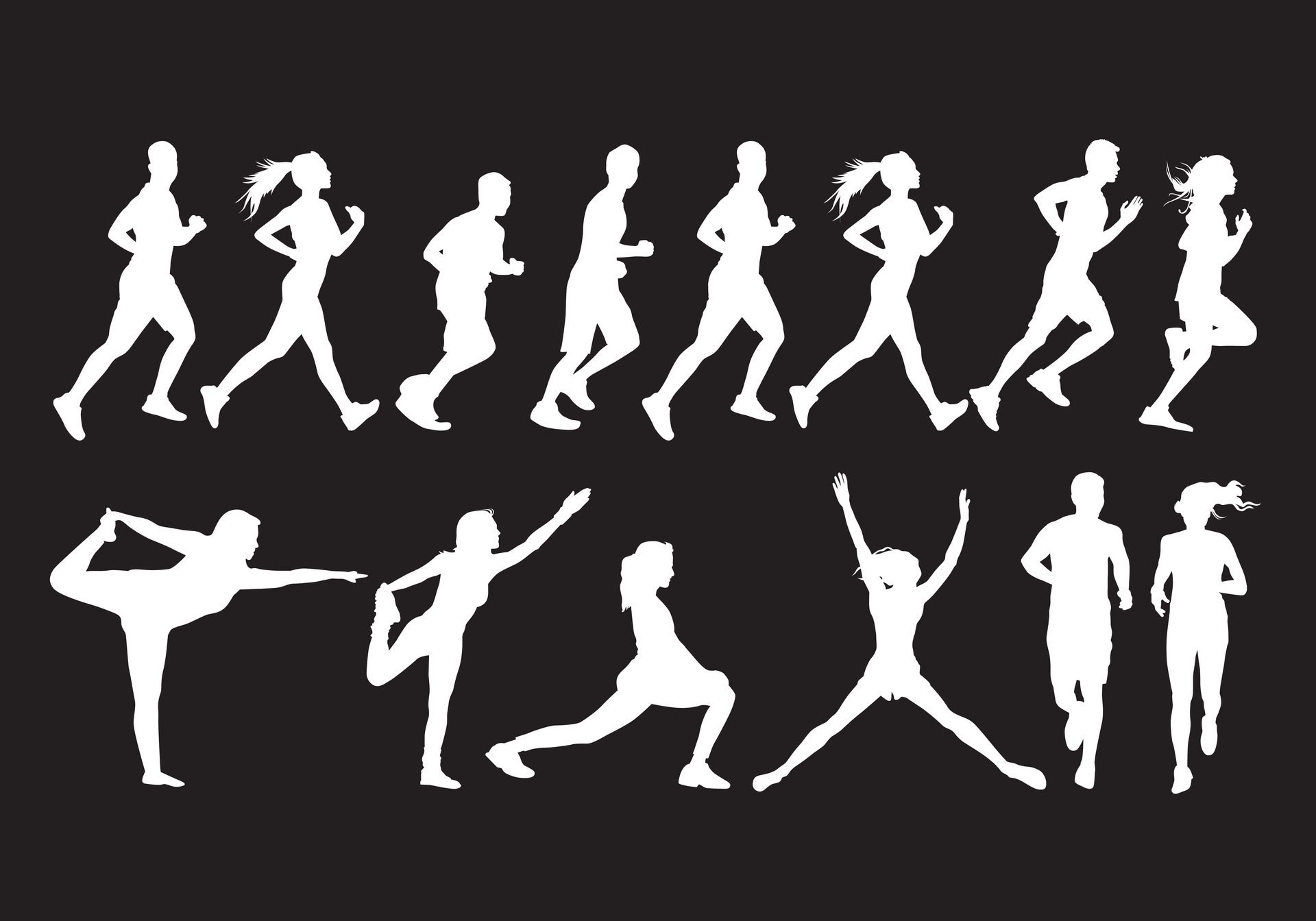 Active people running exercise flat style. White silhouette isolated object on dark background. Free Vector