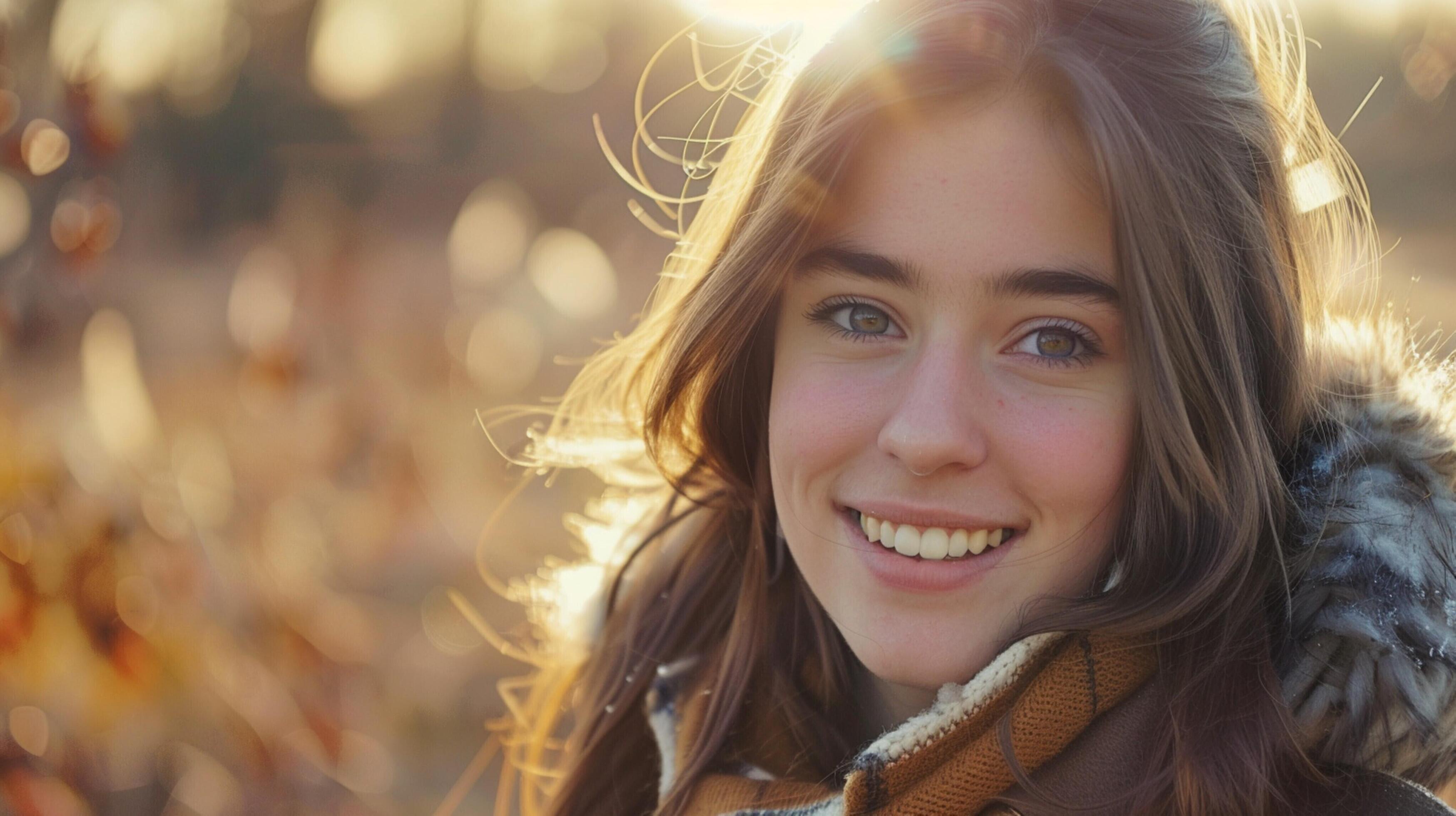 young woman outdoors looking at camera smiling Stock Free