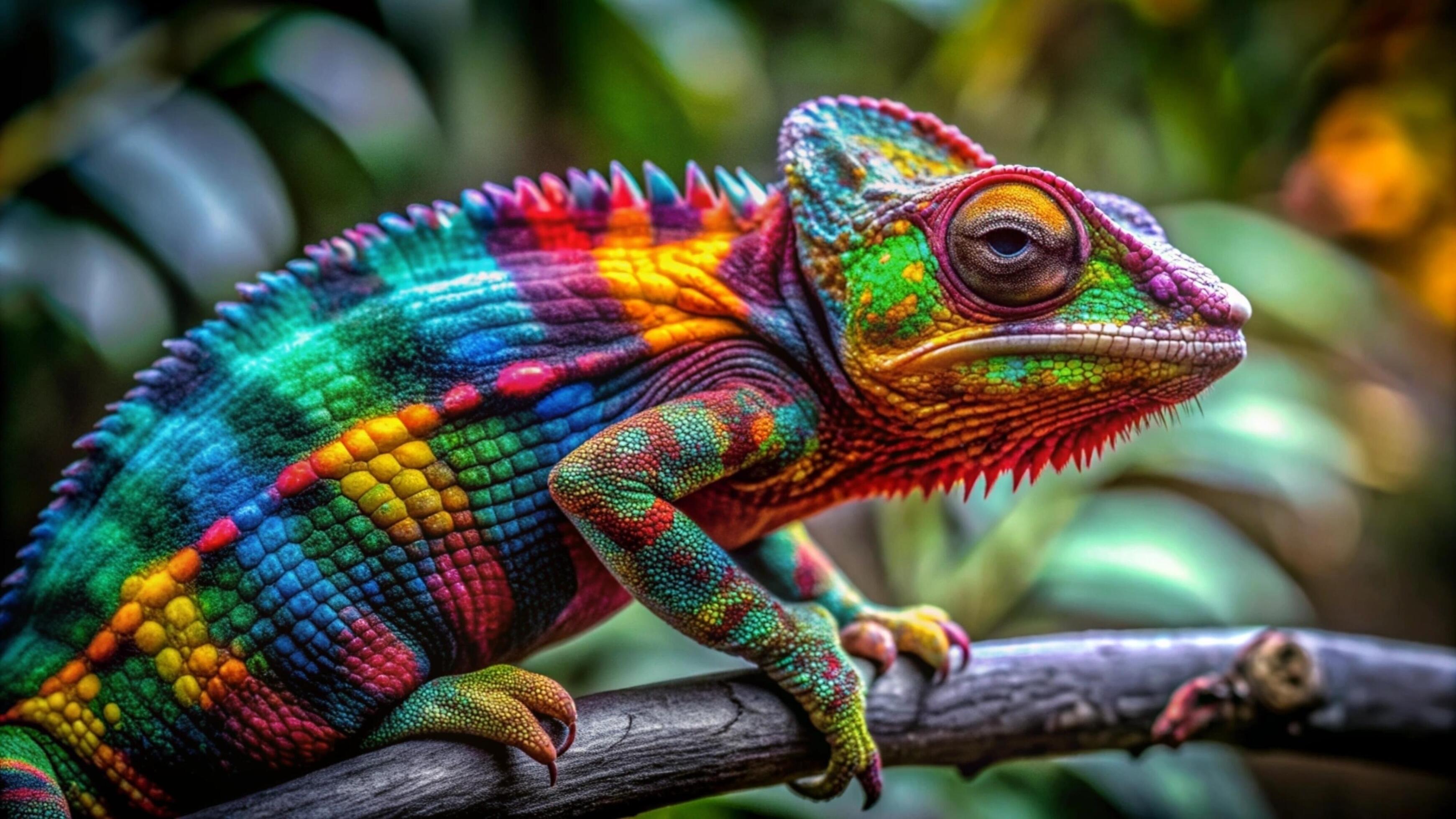 A vibrant chameleon camouflaging against a lush green forest background. Stock Free