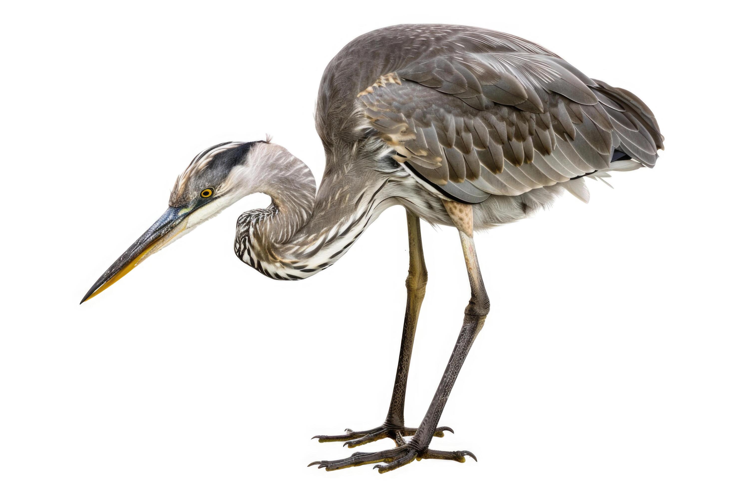 A heron mid-dive, beak pointed down, isolated on a white background Stock Free