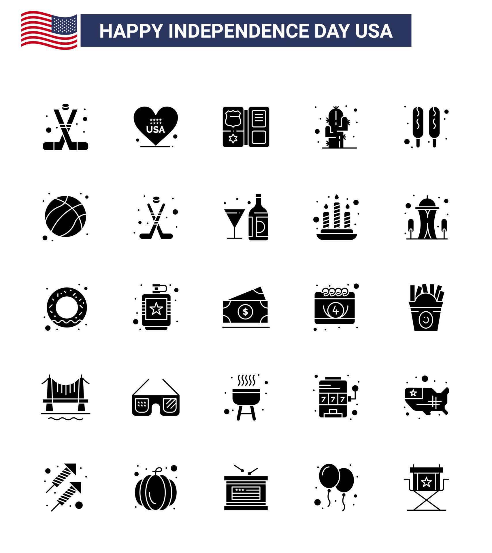 Stock Vector Icon Pack of American Day 25 Solid Glyph Signs and Symbols for corn dog plant usa flower star Editable USA Day Vector Design Elements Stock Free