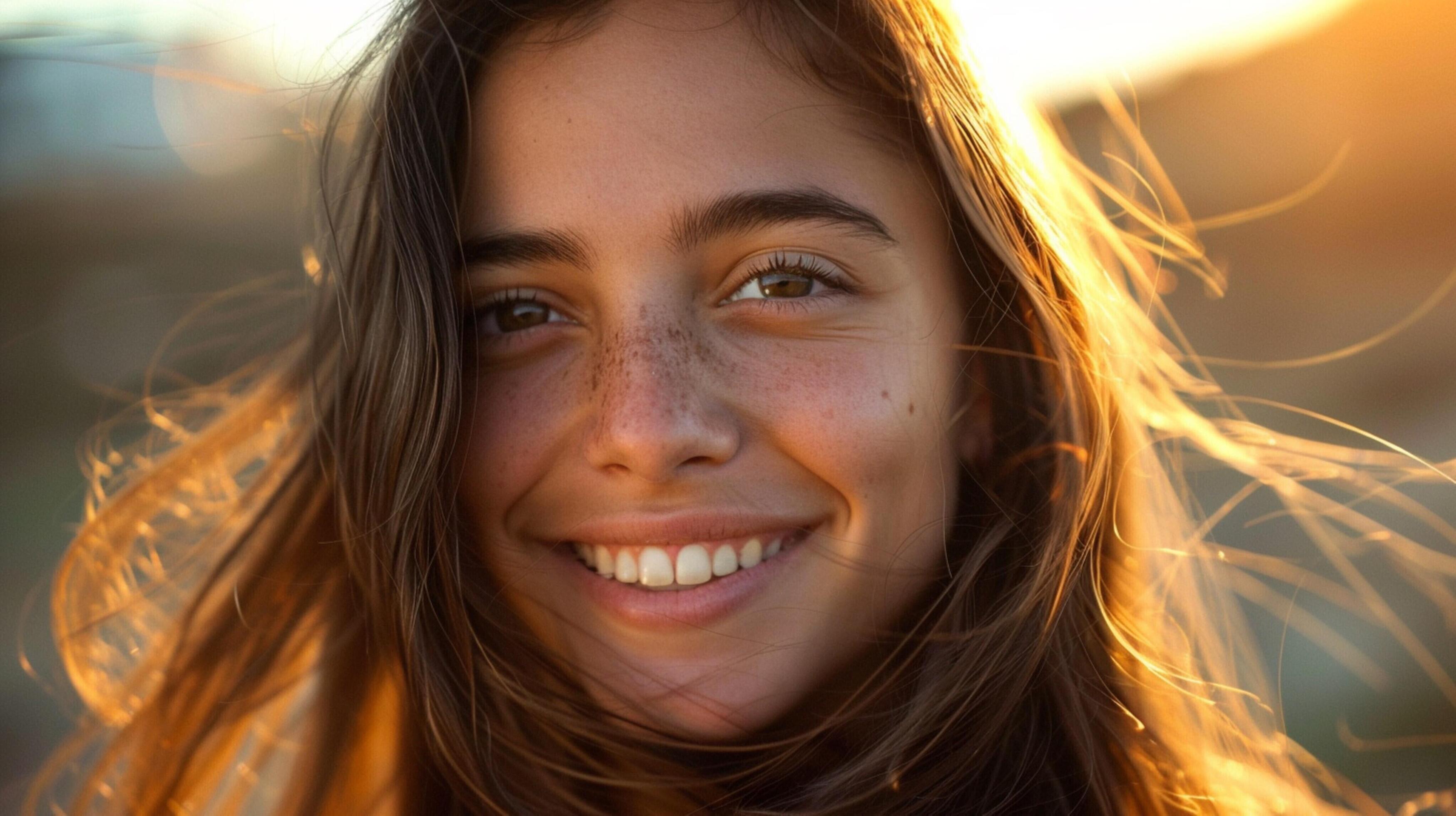 young woman with long brown hair smiling Stock Free