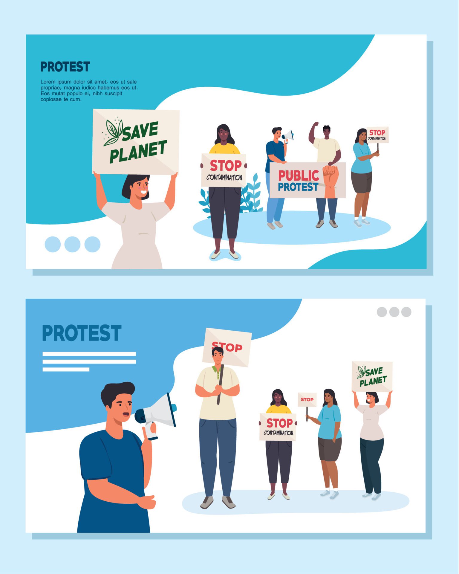 set scenes, people on protests with placards, human right concept Free Vector