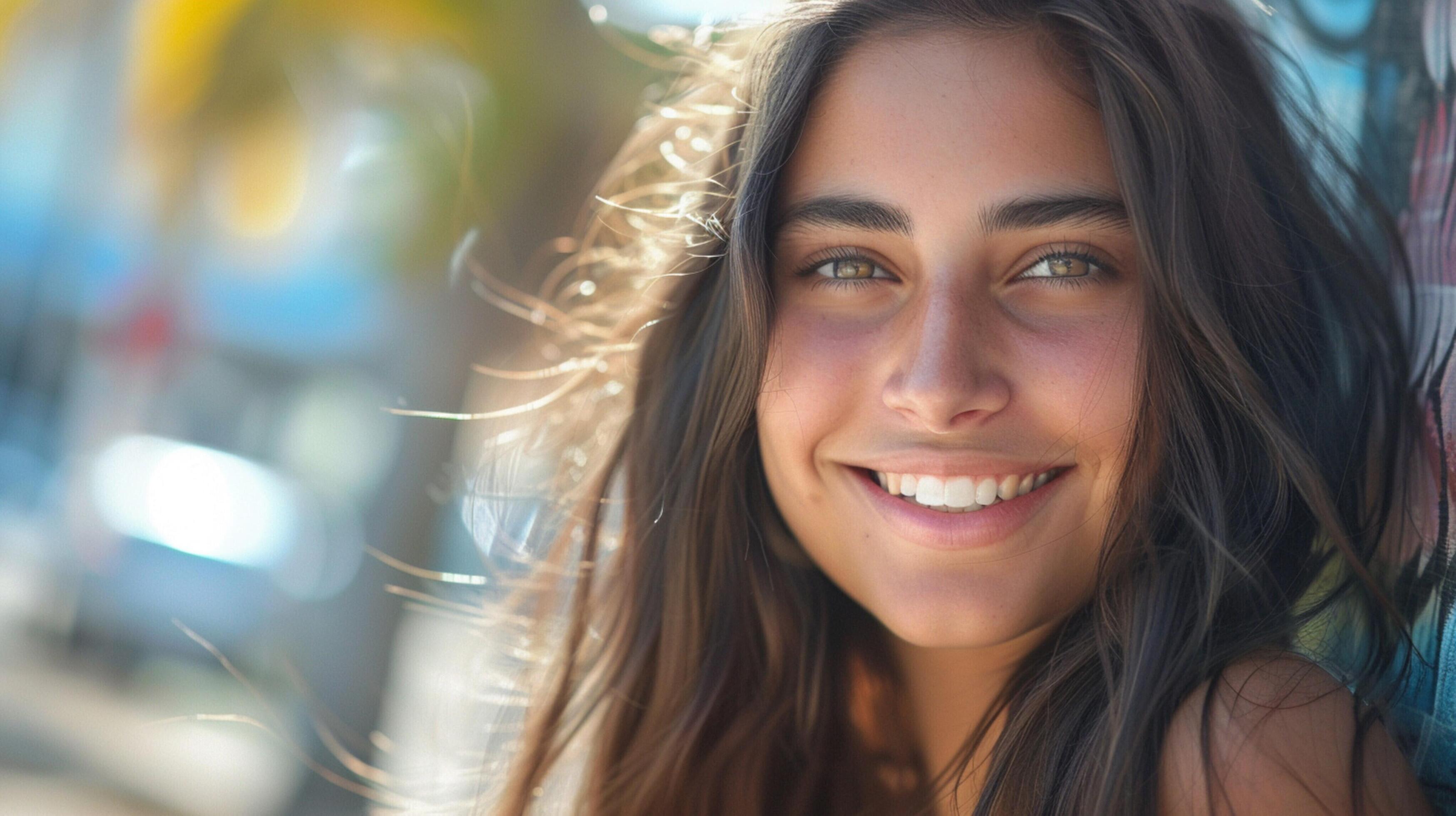 young woman with long brown hair smiling Stock Free