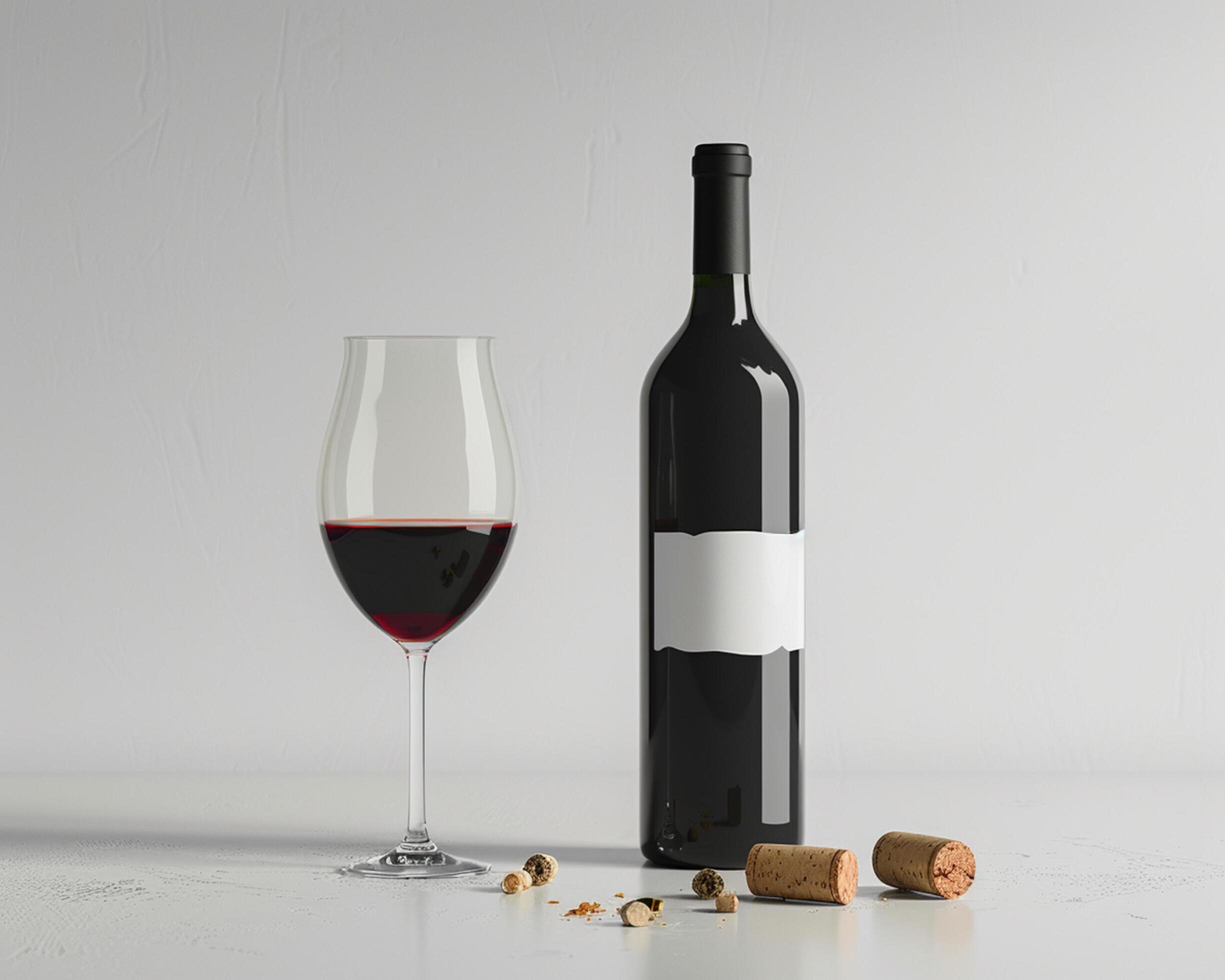 a bottle of red wine and a glass on a table Stock Free