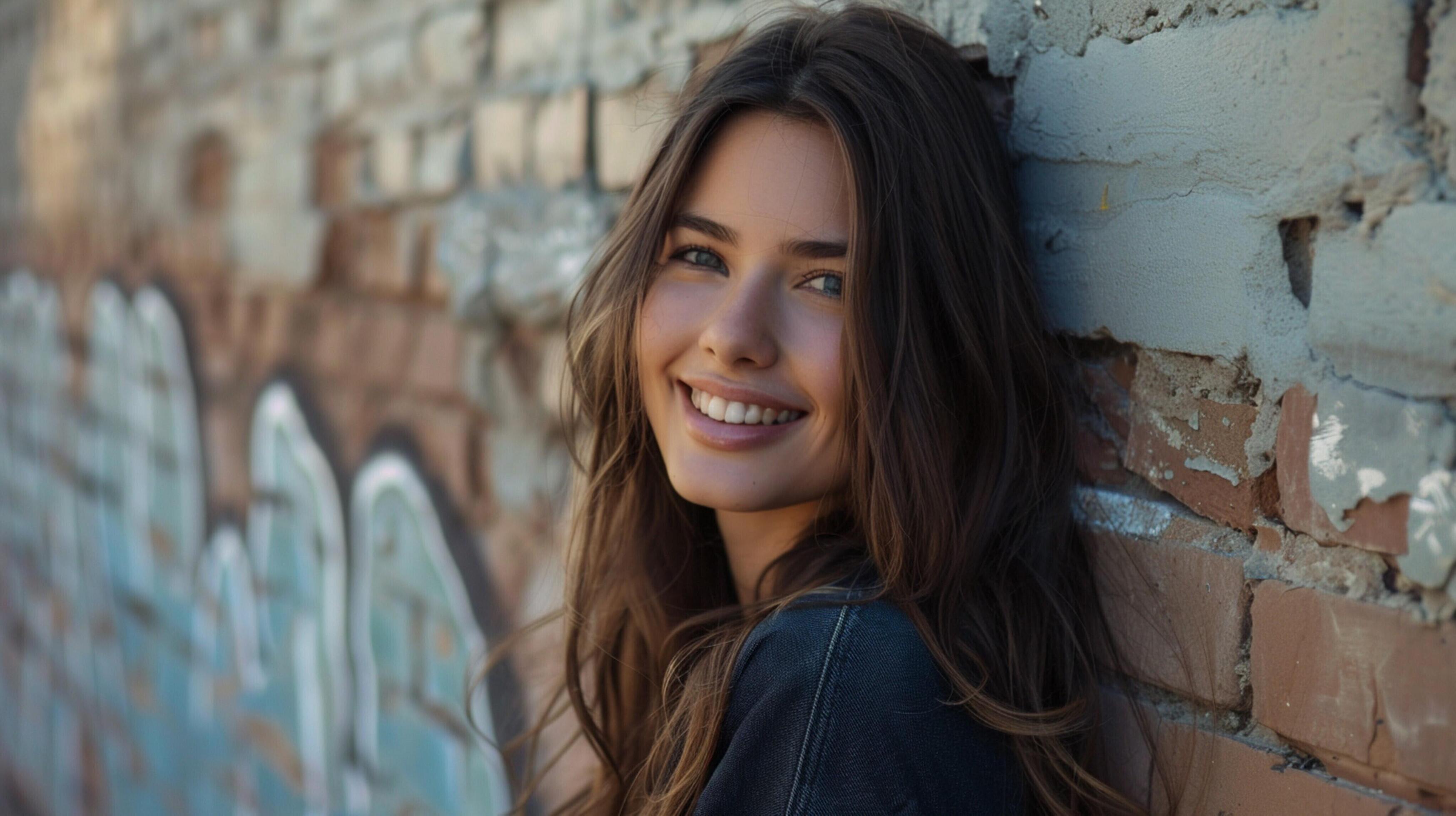 young woman with long brown hair smiling Stock Free