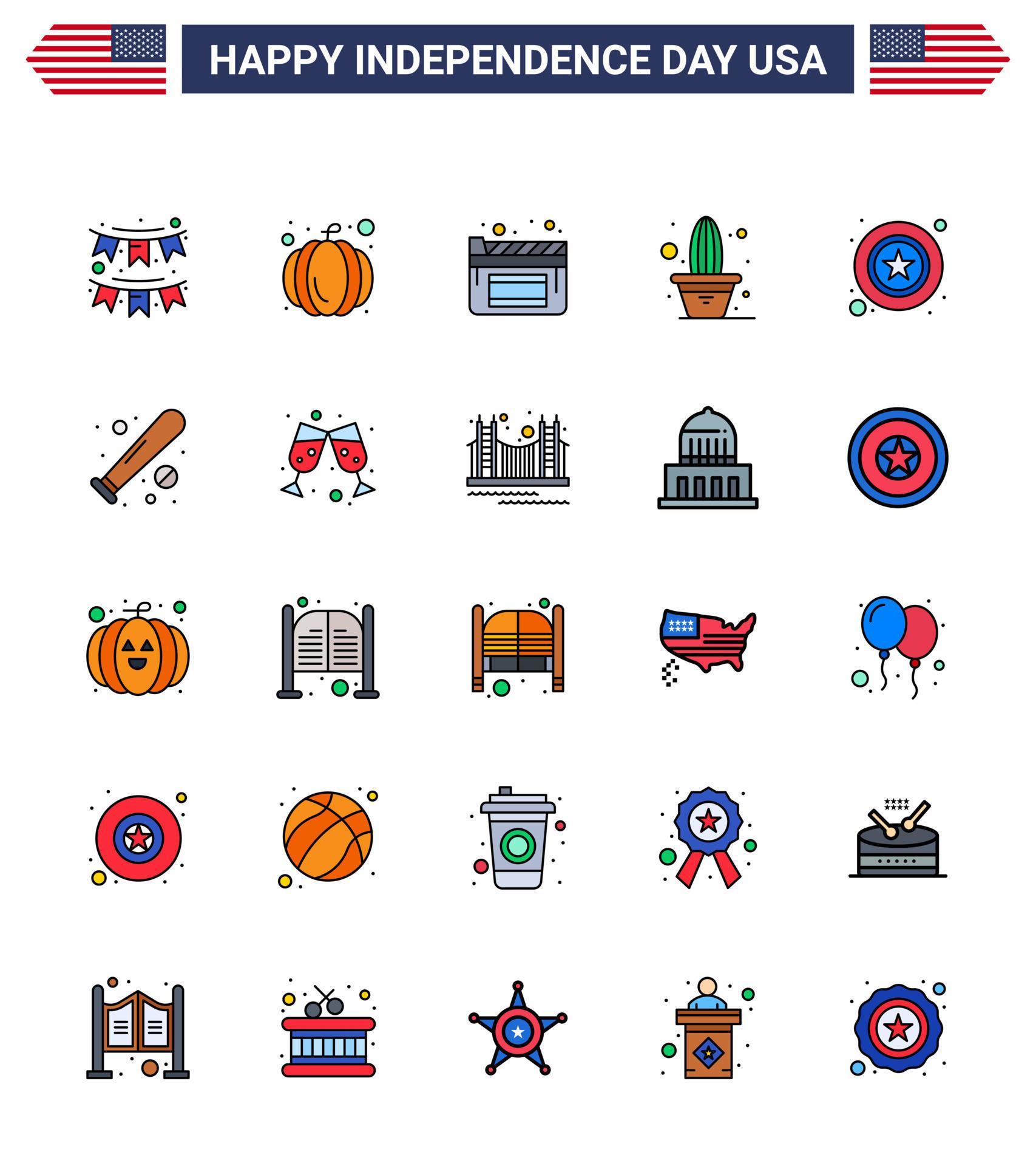 USA Independence Day Flat Filled Line Set of 25 USA Pictograms of star men cinema pot flower Editable USA Day Vector Design Elements Stock Free