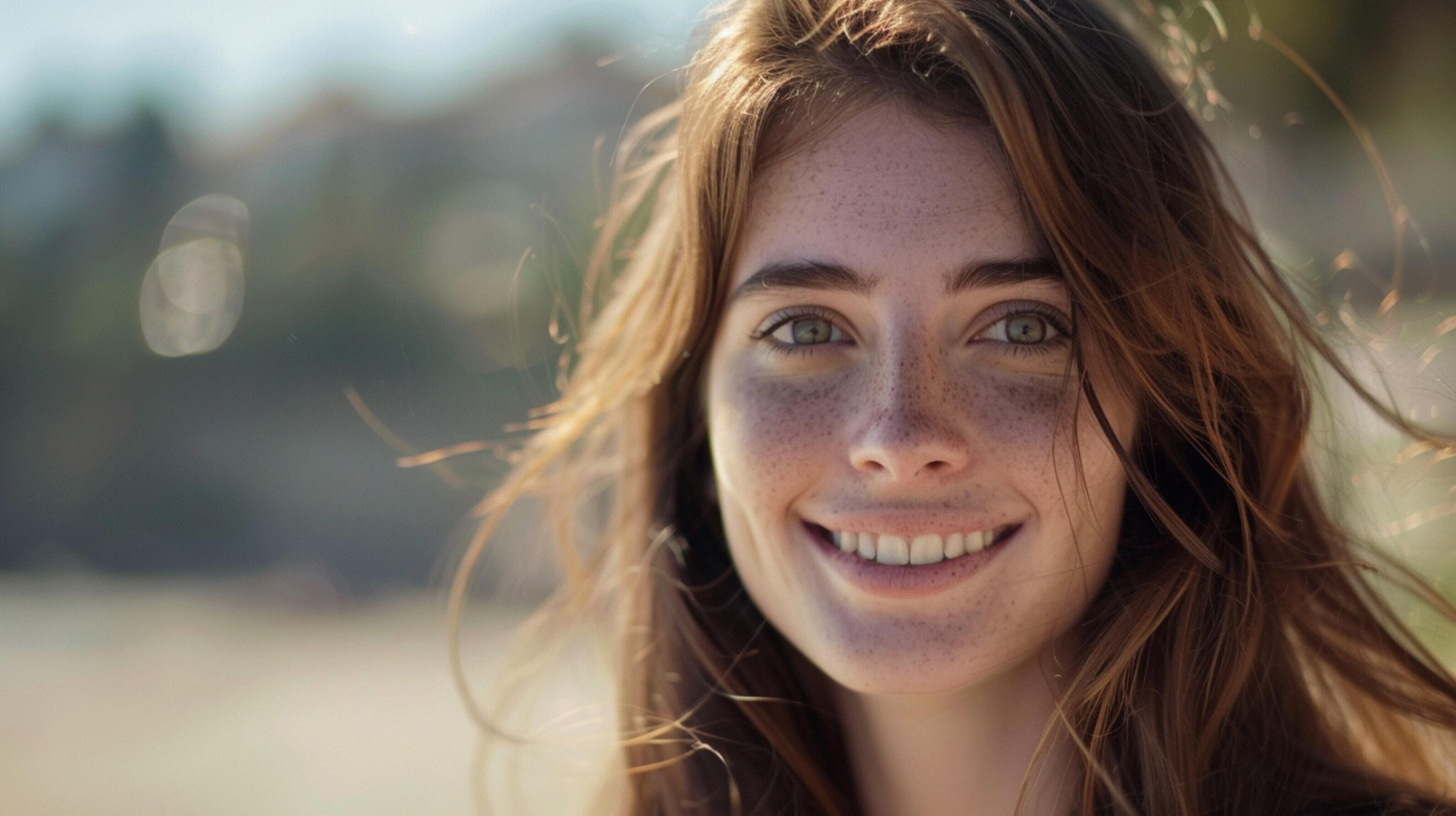 young woman with long brown hair smiling Stock Free