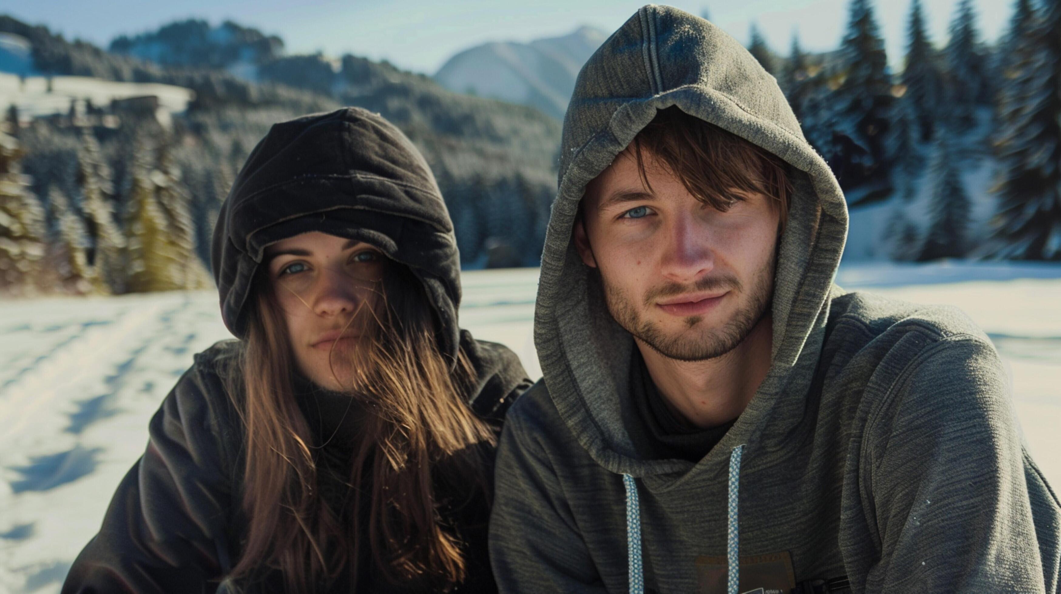 young couple in hooded shirts looking at camera Stock Free