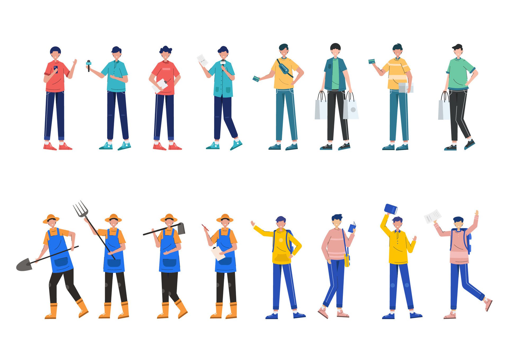 
									Bundle of 4 man character sets, 16 poses of various professions, lifestyles, career Free Vector