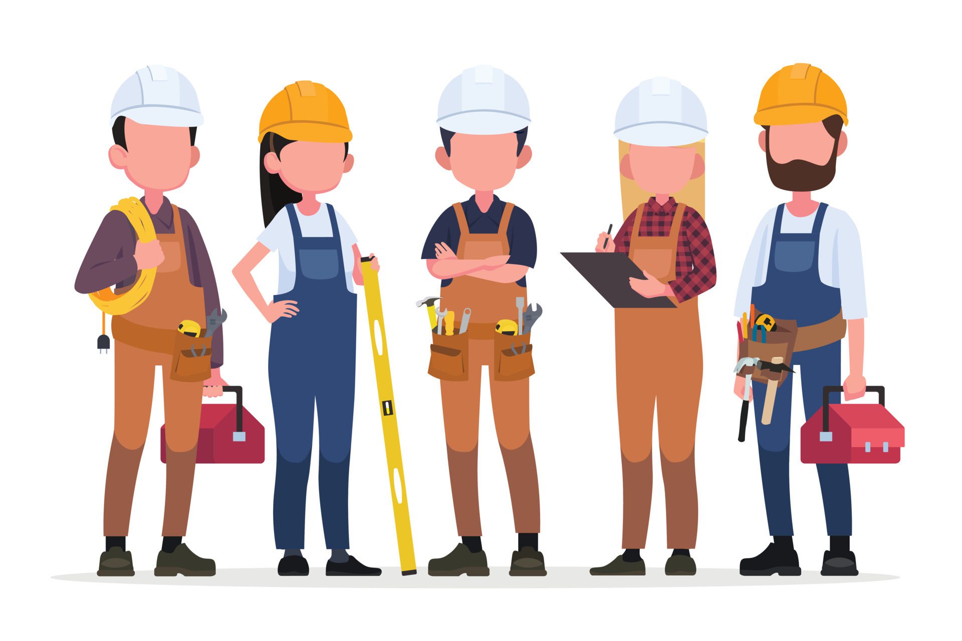 Technicians people group, engineering worker and construction. Industrial engineers workers, builders characters isolated cartoon vector illustration Free Vector