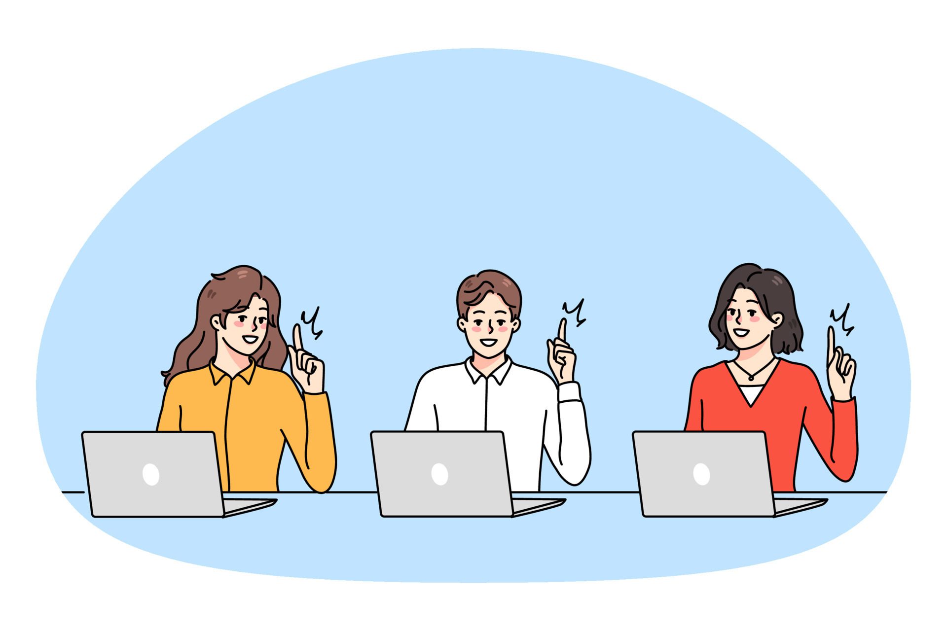 Smiling diverse people working on computer generating ideas Free Vector