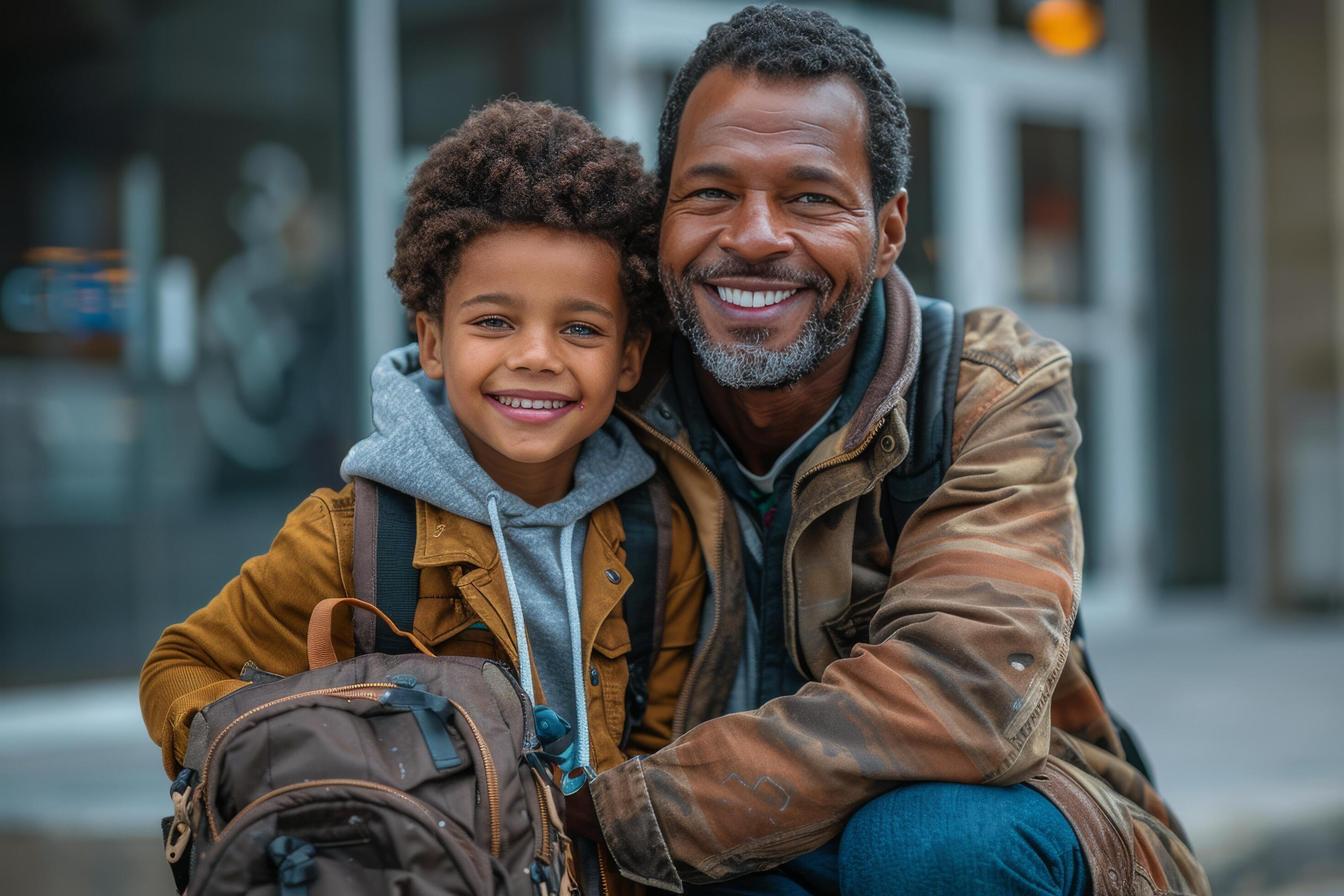 Happy Father and Son Smiling Together Outside on a Cloudy Day Stock Free