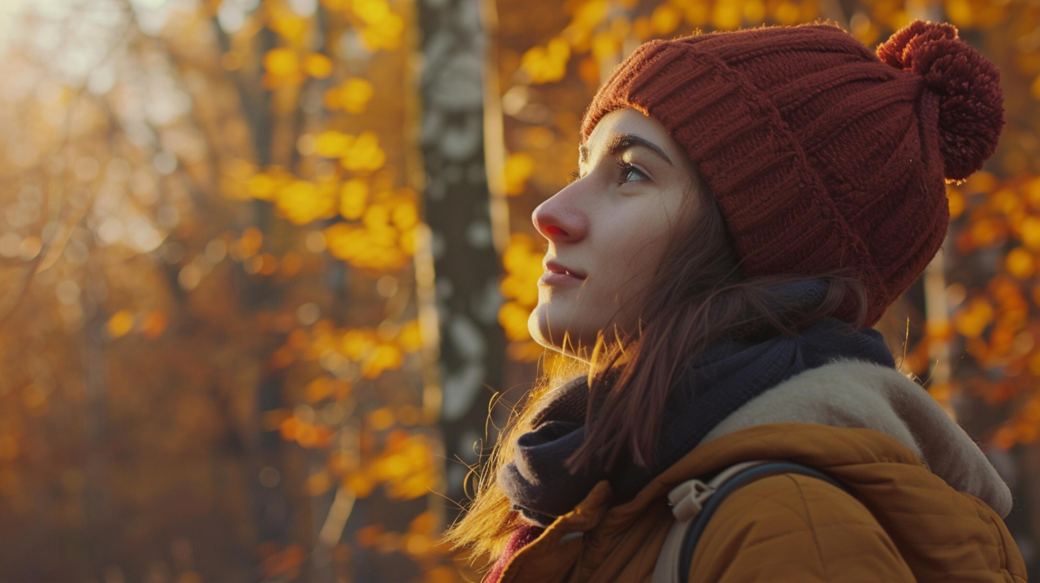 young woman in autumn forest enjoying nature beauty Stock Free