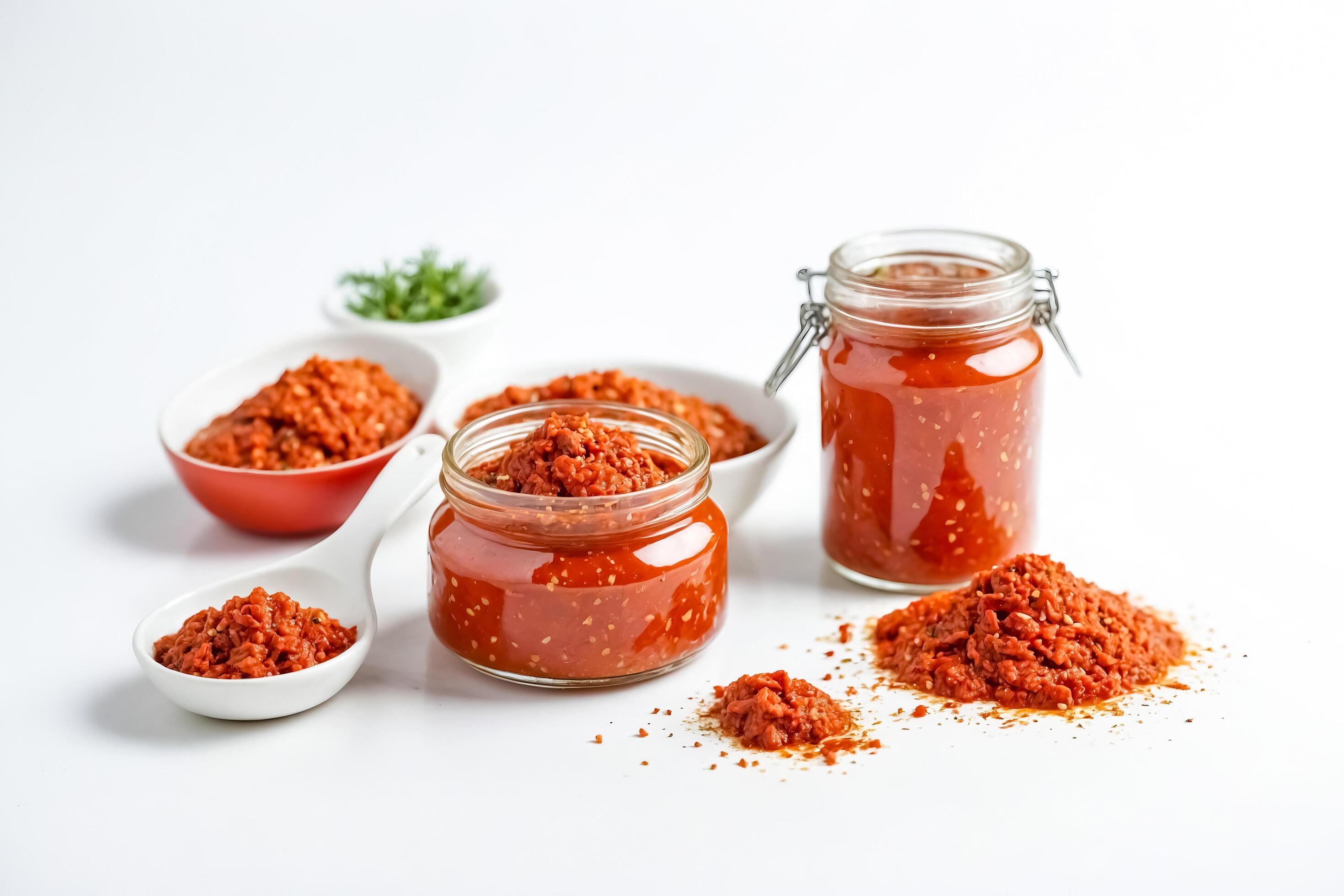 Red pepper spread in a glass jar and bowls on a white background Stock Free