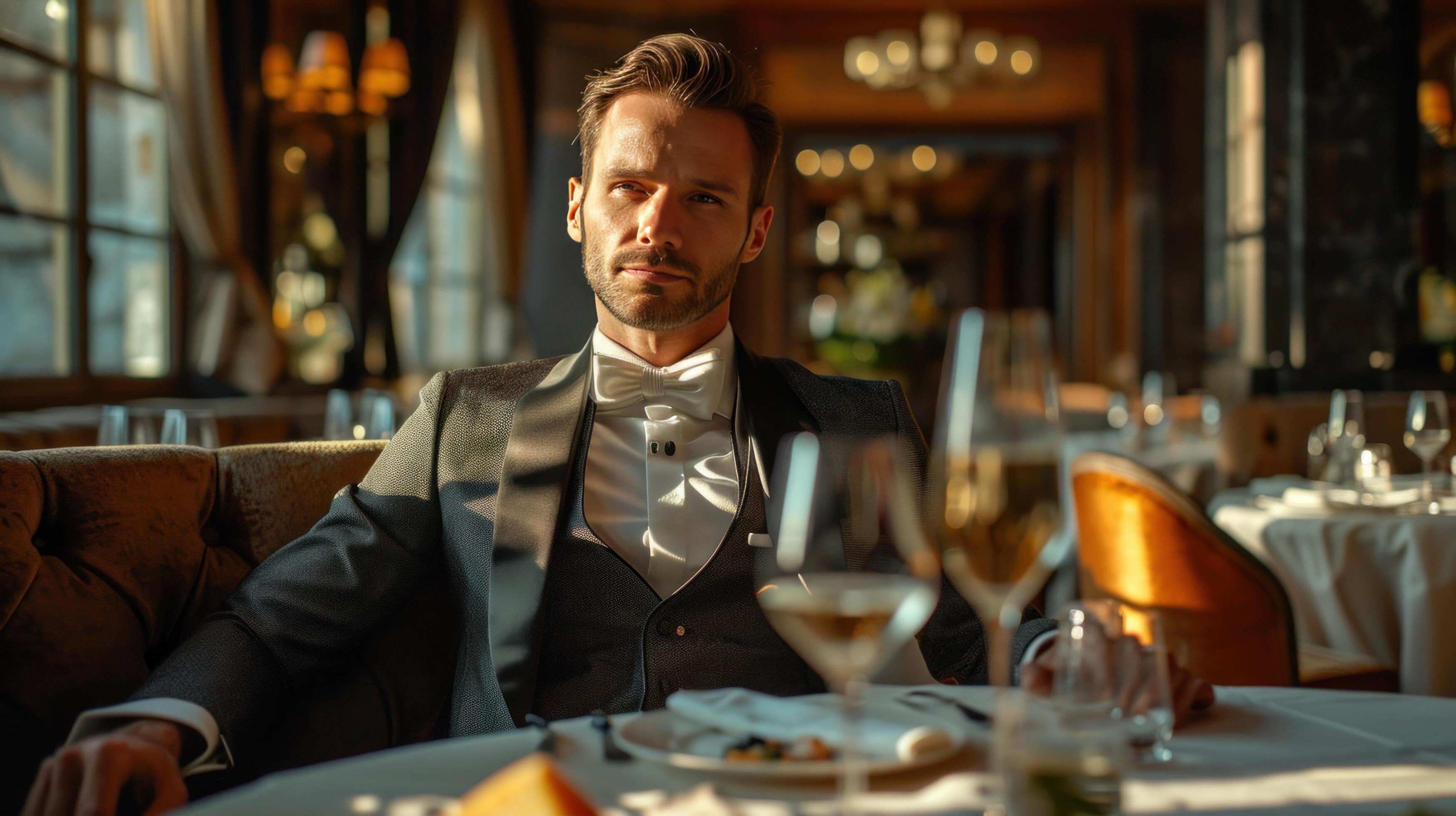 AI generated elegant business man sitting in luxury restaurant with glass of shampagne Stock Free