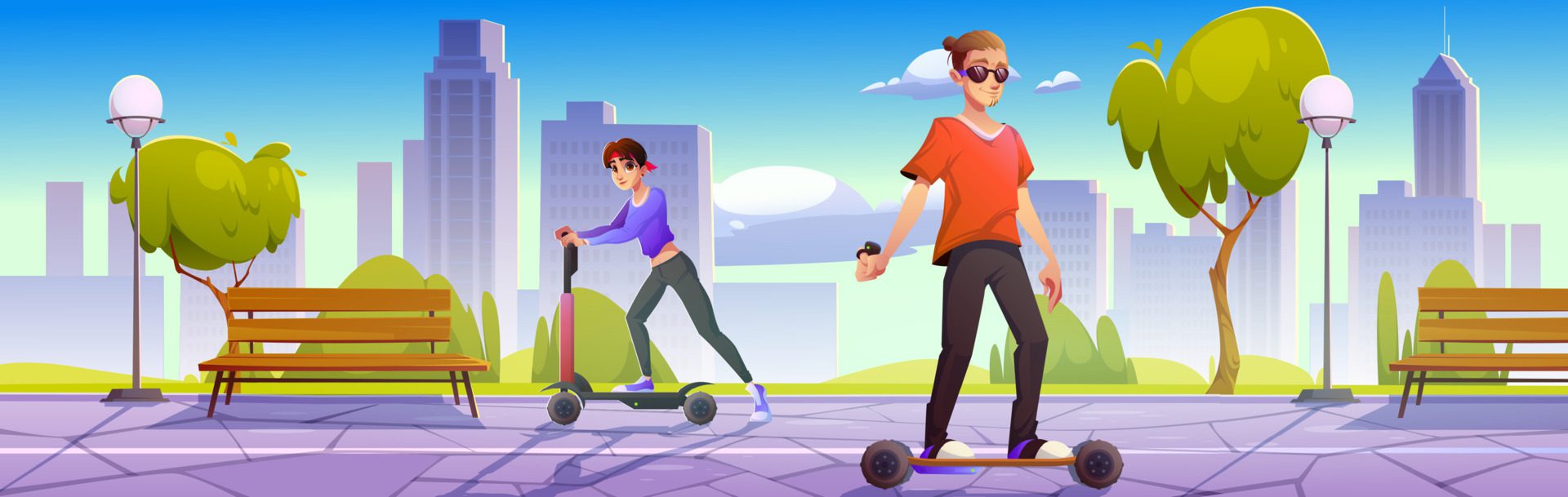 People on electric scooter and skateboard in park Free Vector