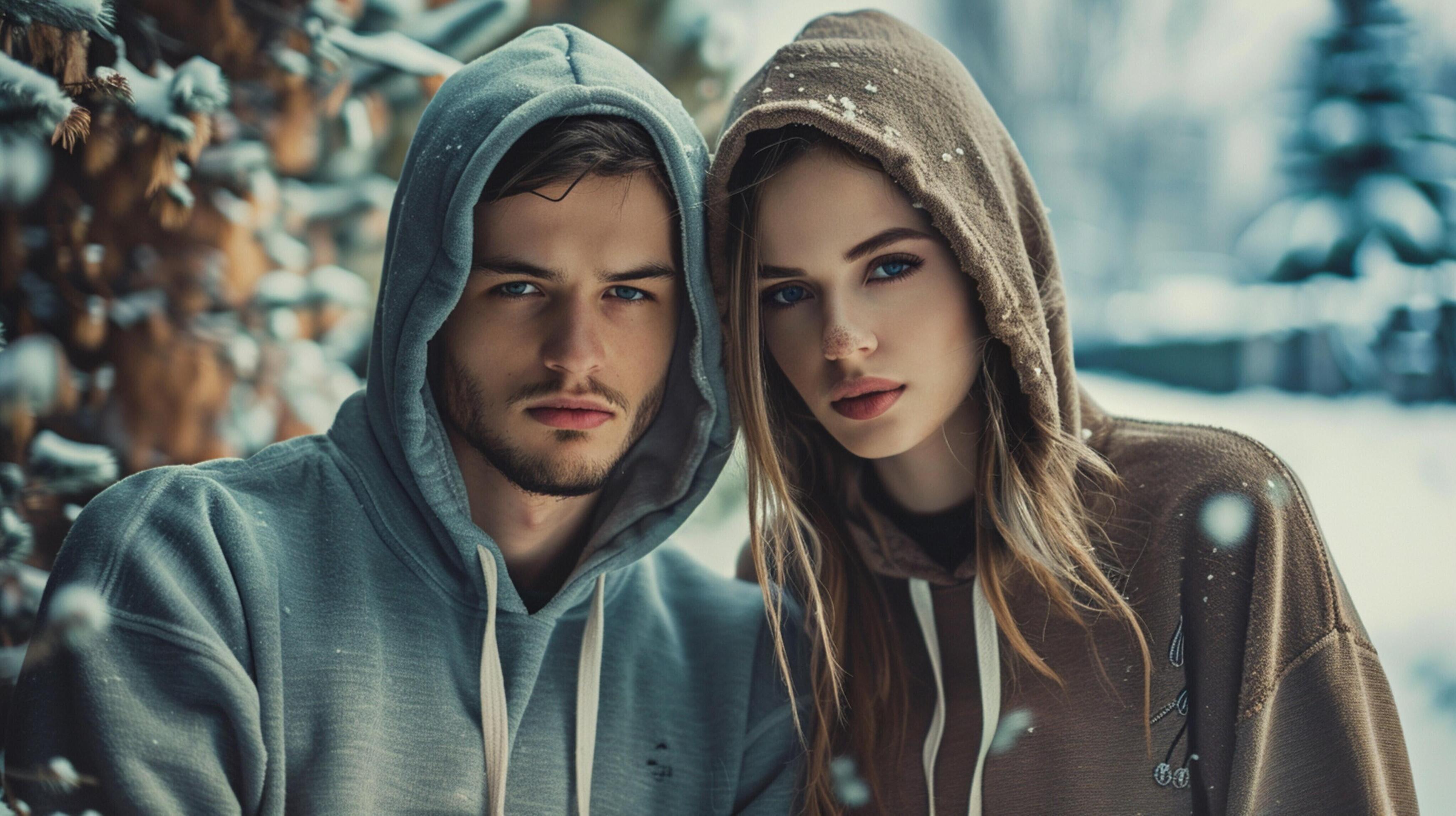 young couple in hooded shirts looking at camera Stock Free