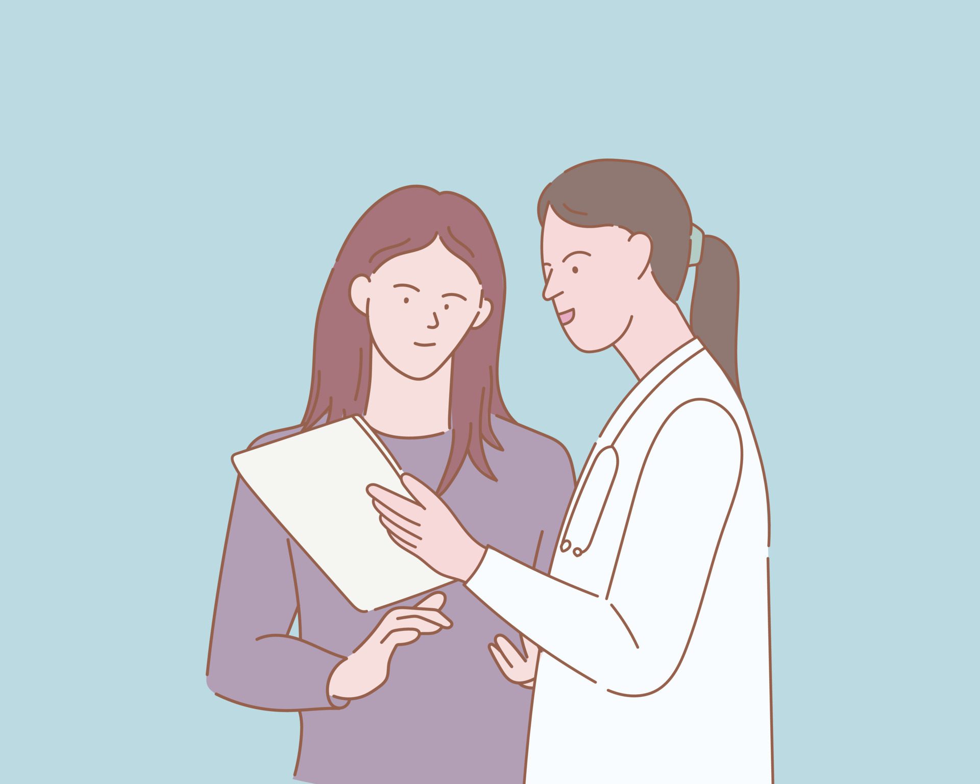 doctor consultation with woman patient read medical report document with outline or line and clean simple people style Free Vector