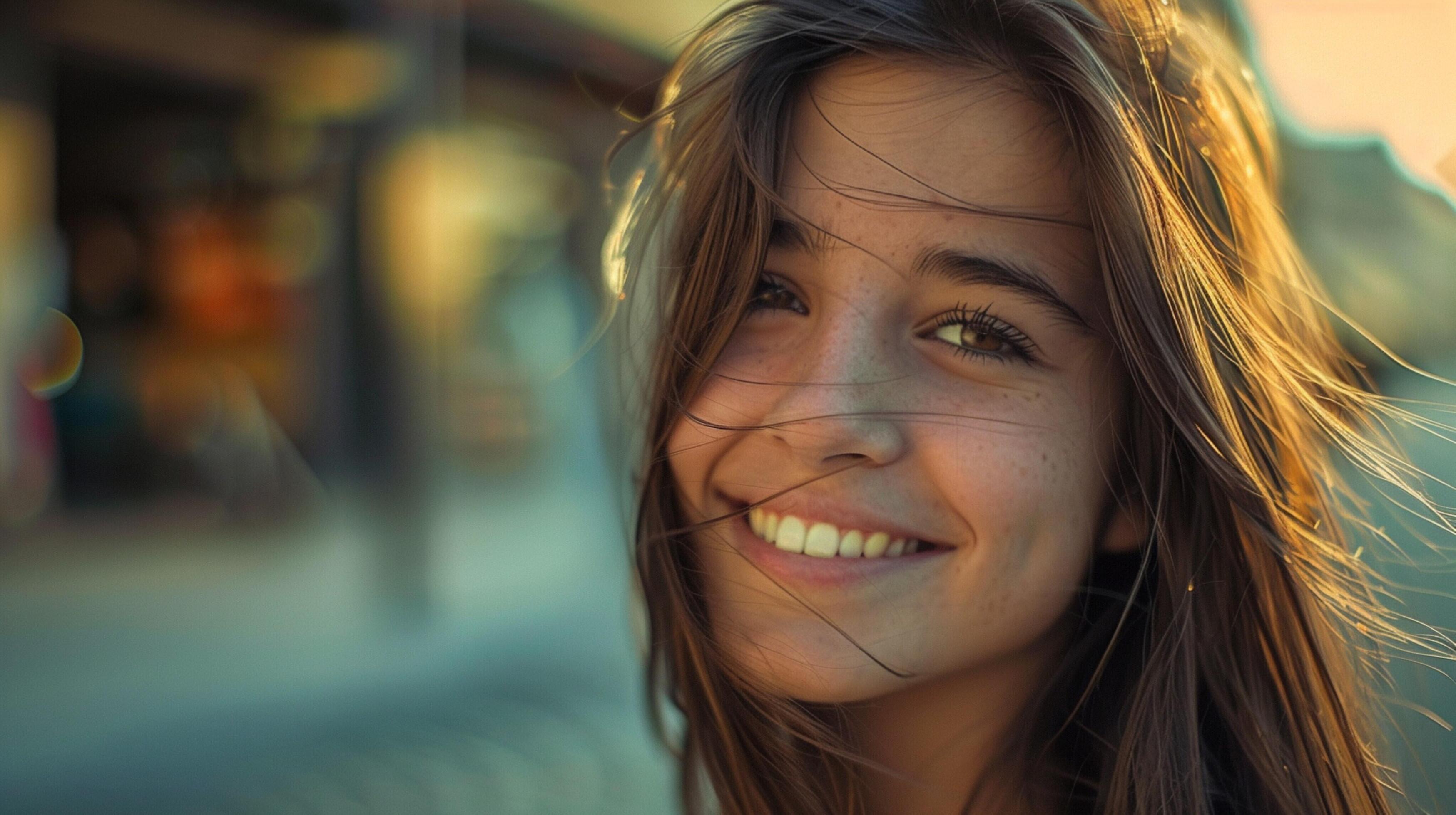 young woman with long brown hair smiling Stock Free