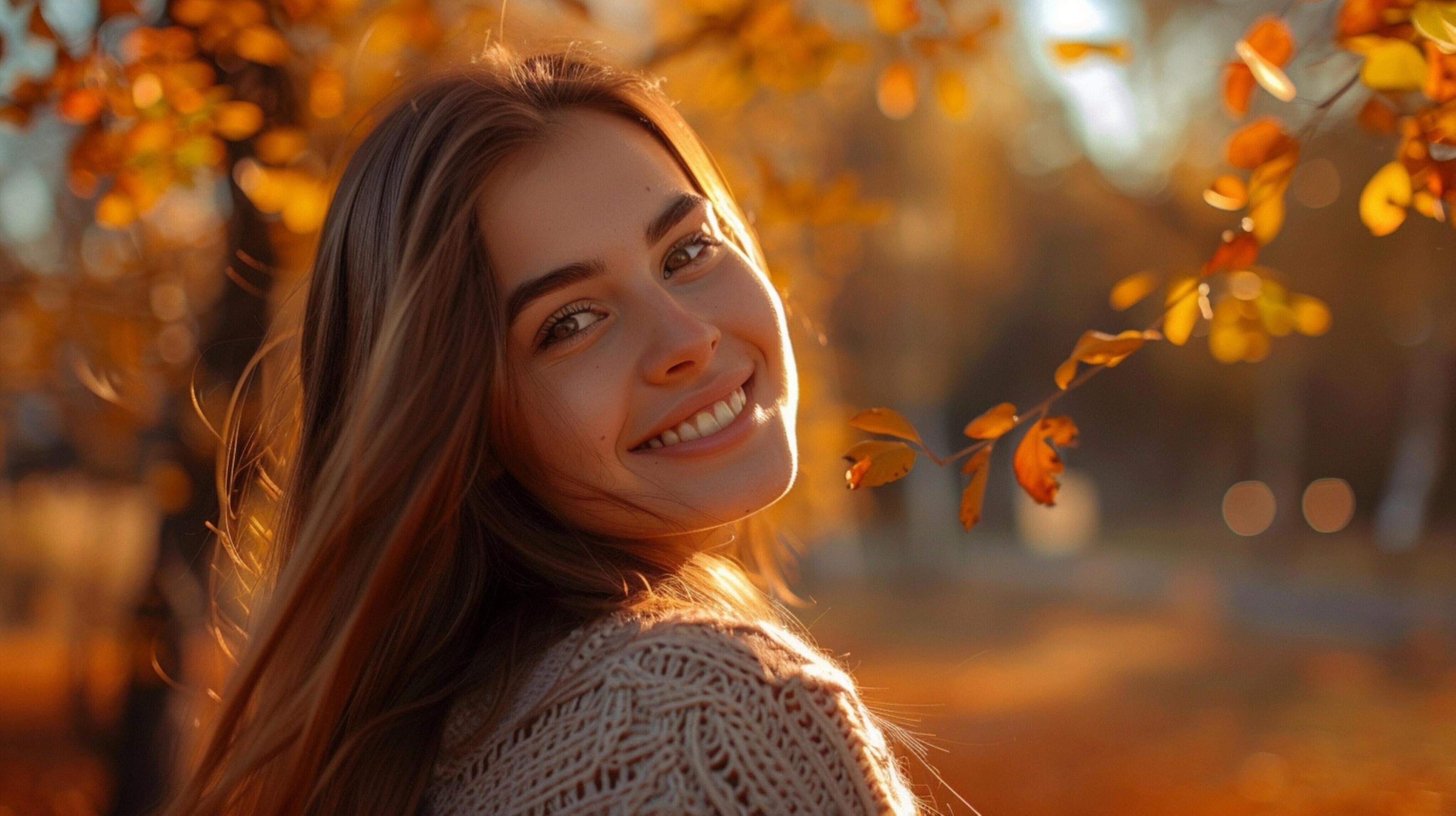 young woman with long brown hair smiling in autumn Stock Free